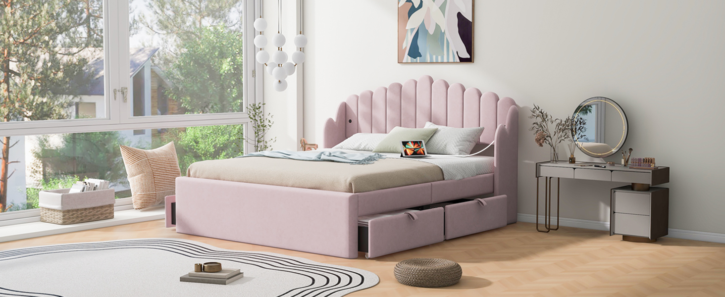 Queen Size Upholstered Platform Bed with 4 Drawers and 2 USB, Pink