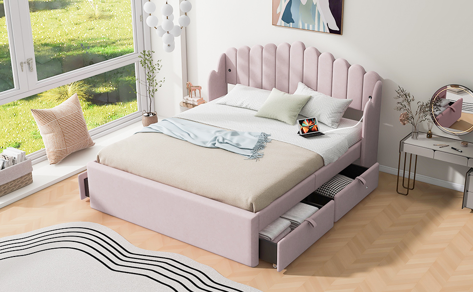 Queen Size Upholstered Platform Bed with 4 Drawers and 2 USB, Pink