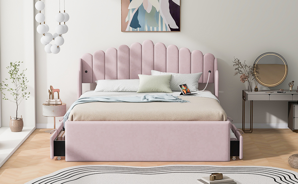 Queen Size Upholstered Platform Bed with 4 Drawers and 2 USB, Pink