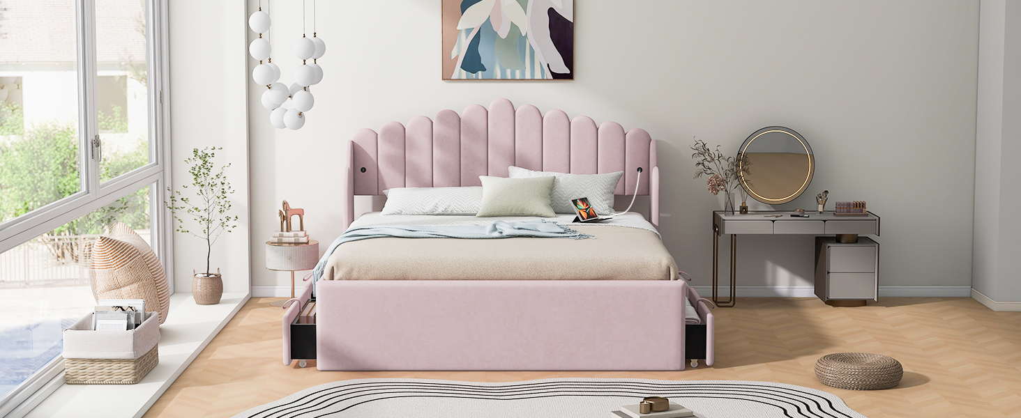 Queen Size Upholstered Platform Bed with 4 Drawers and 2 USB, Pink