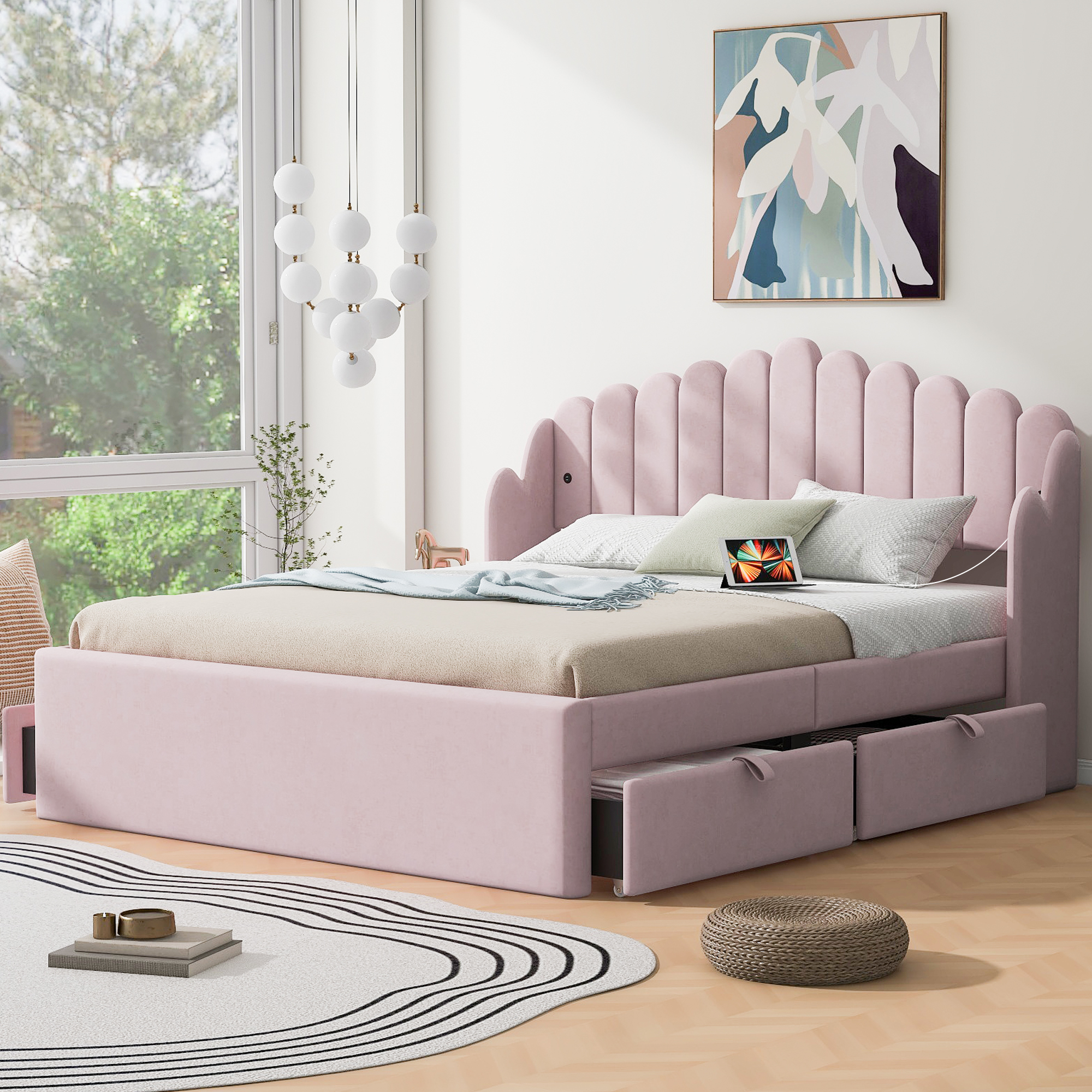 Queen Size Upholstered Platform Bed with 4 Drawers and 2 USB, Pink