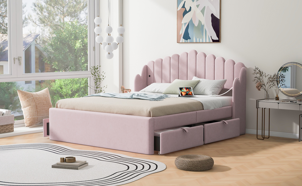 Queen Size Upholstered Platform Bed with 4 Drawers and 2 USB, Pink