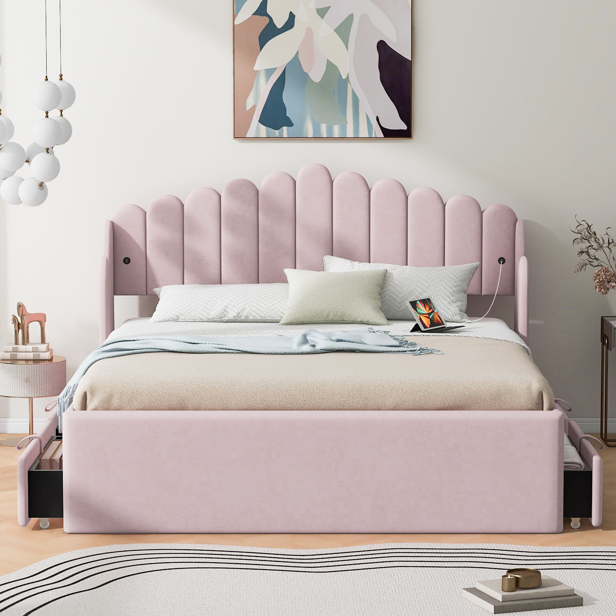 Queen Size Upholstered Platform Bed with 4 Drawers and 2 USB, Pink