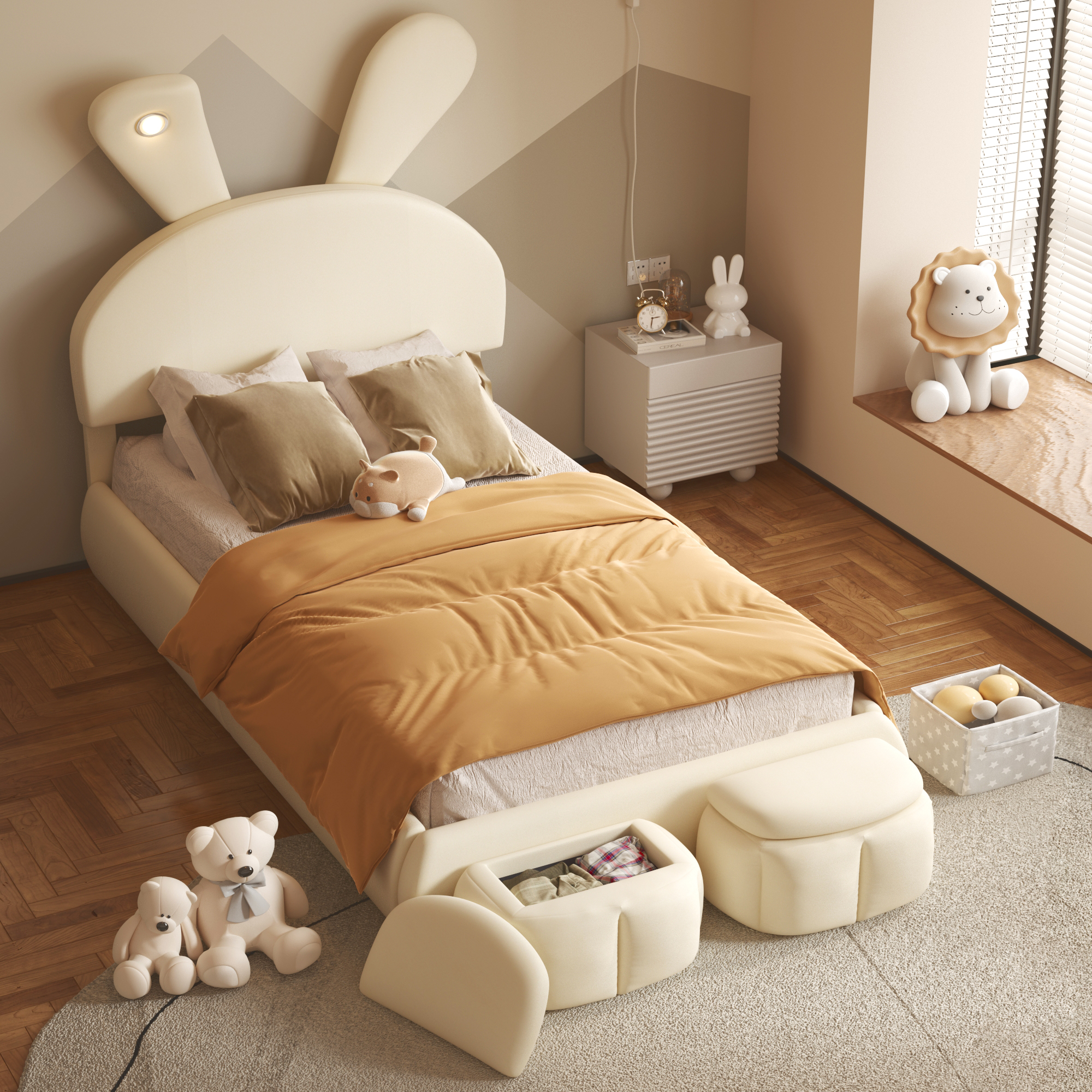 Twin Size Upholstered Platform Bed with Cartoon Ears Shaped Headboard and Light, Beige