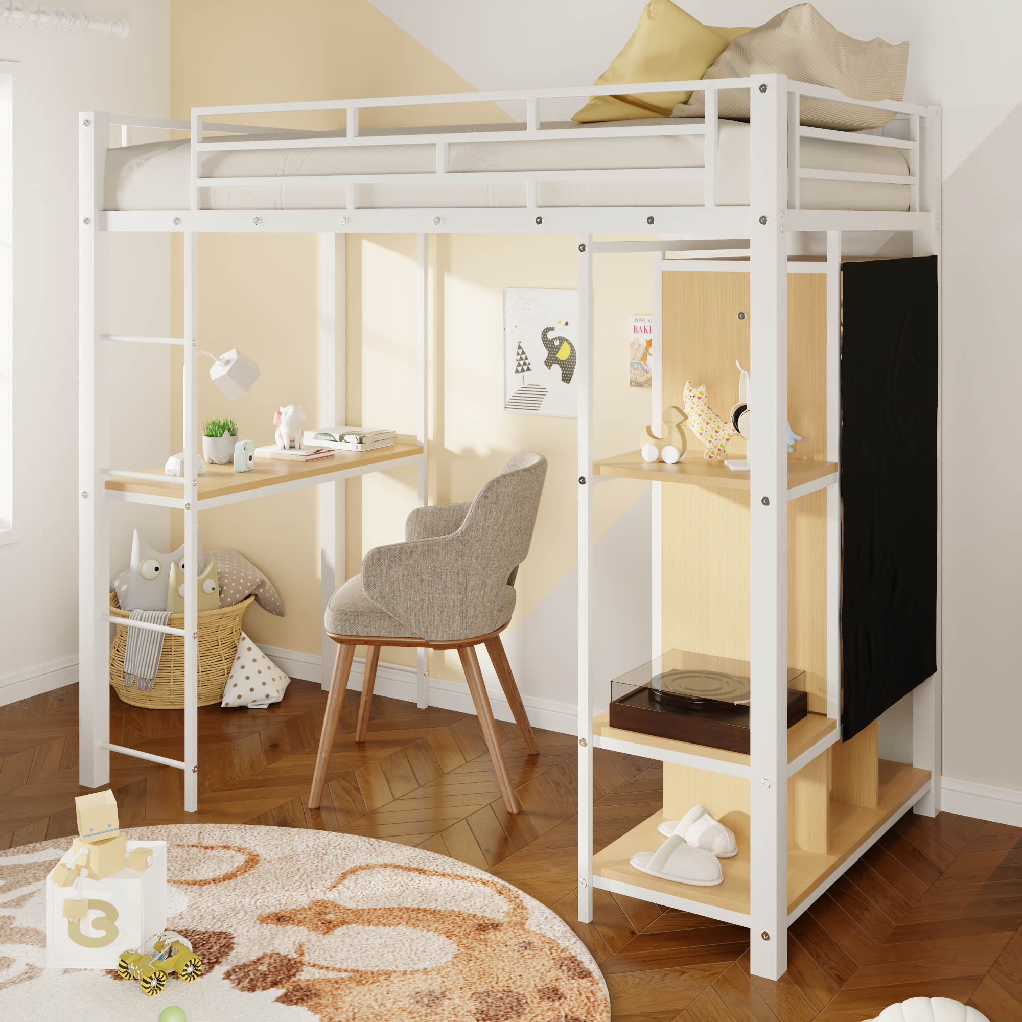 Twin Size Metal Loft Bed with Built-in Wardrobe, Desk and Shelves, Black (Expected Arrival Time: 9.3)