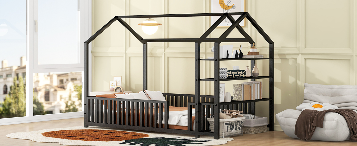 Twin Size Metal House Bed with Fence and Detachable Storage Shelves, Black