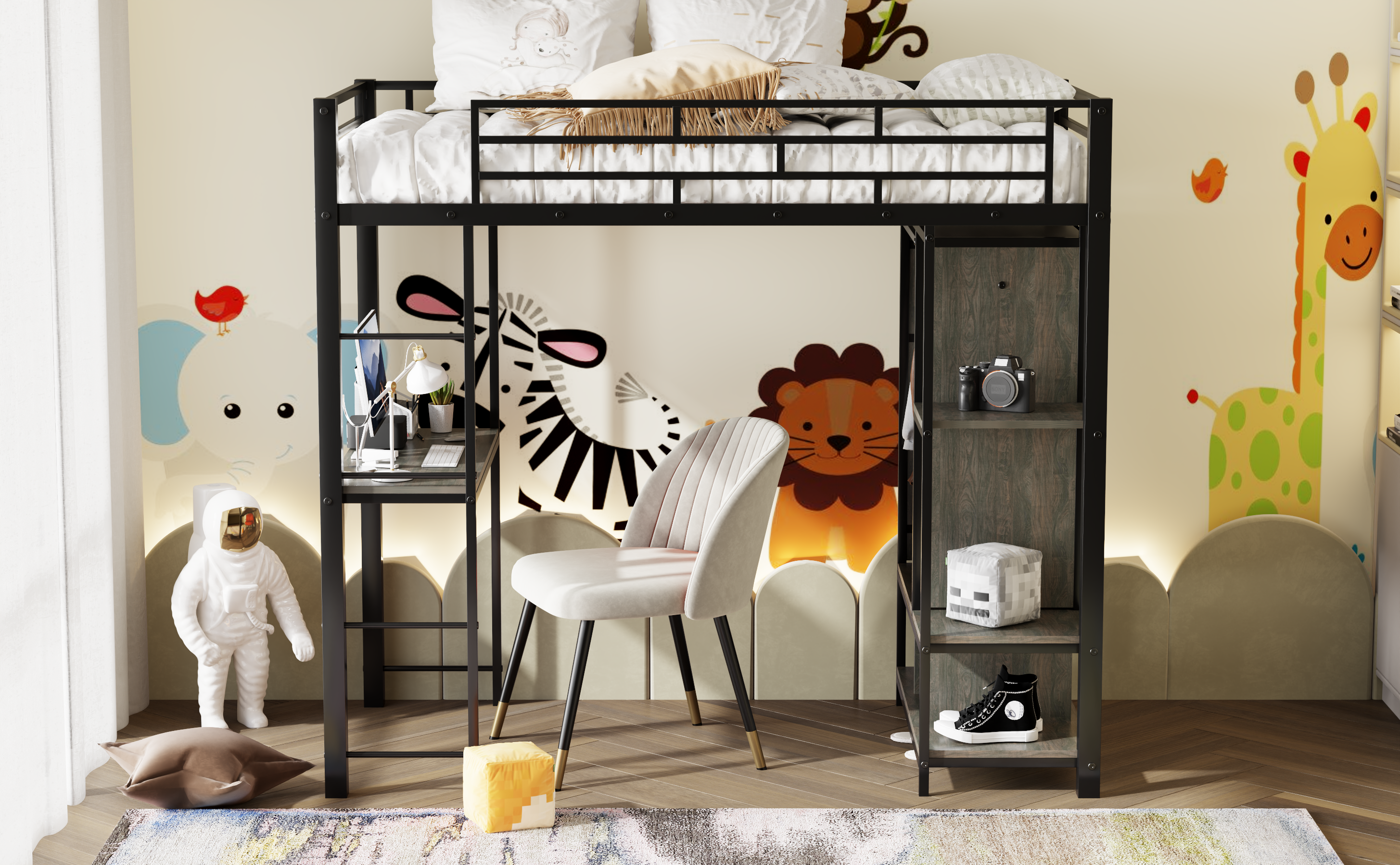 Twin Size Metal Loft Bed with Built-in Wardrobe, Desk and Shelves, Black (Expected Arrival Time: 9.3)