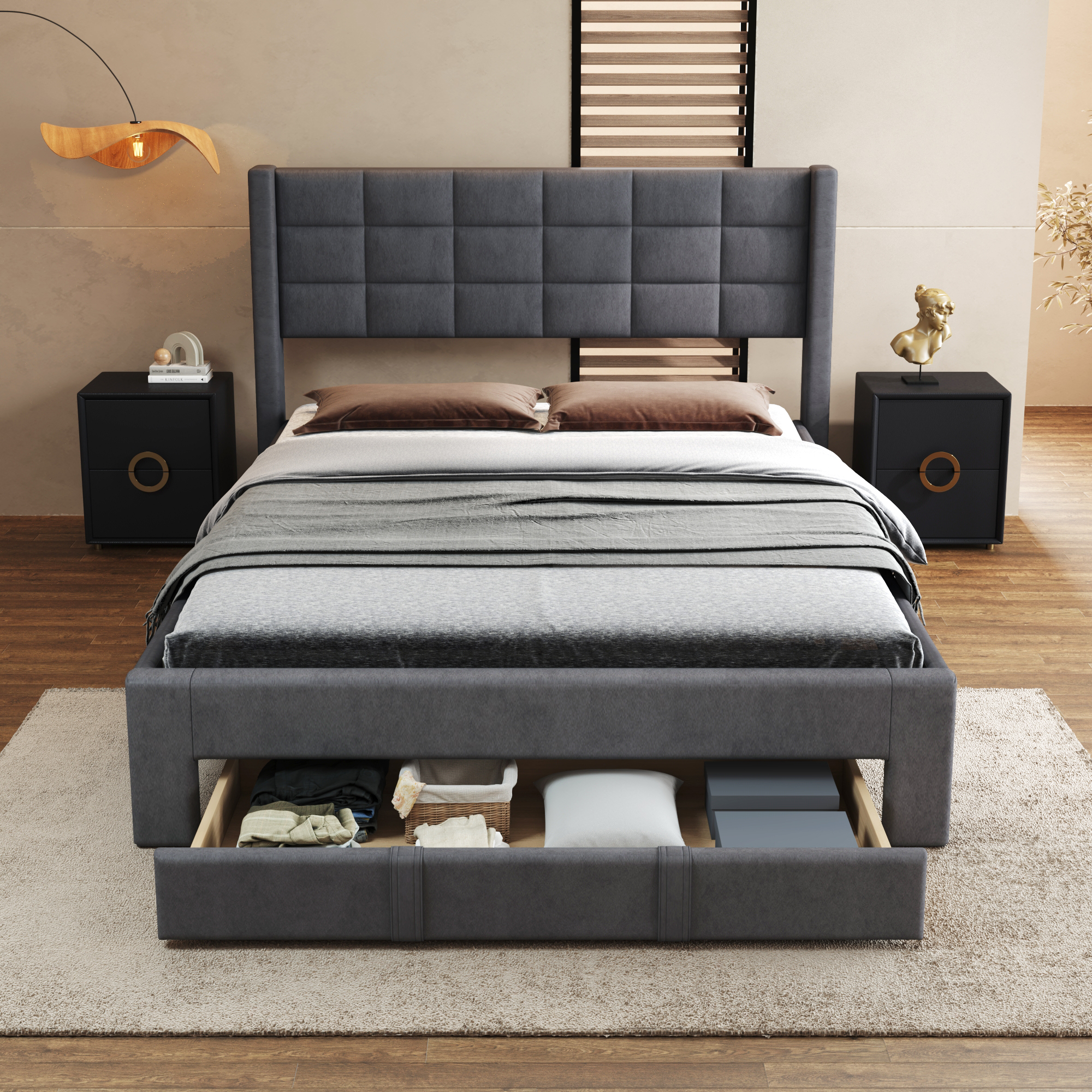 Queen Size Upholstered Platform Bed with A Big Drawer, Gray