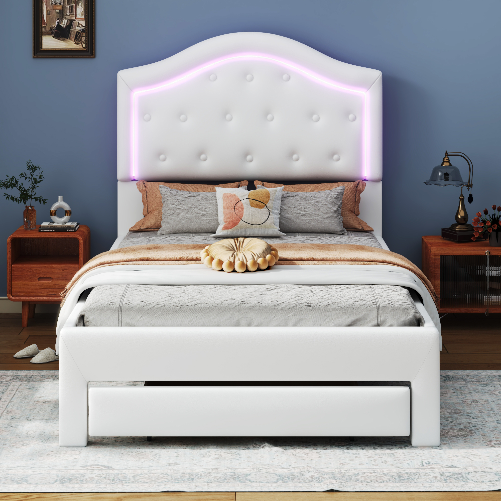 Twin Size Upholstered Platform Bed with Tufted Headboard, LED and a Drawer, White