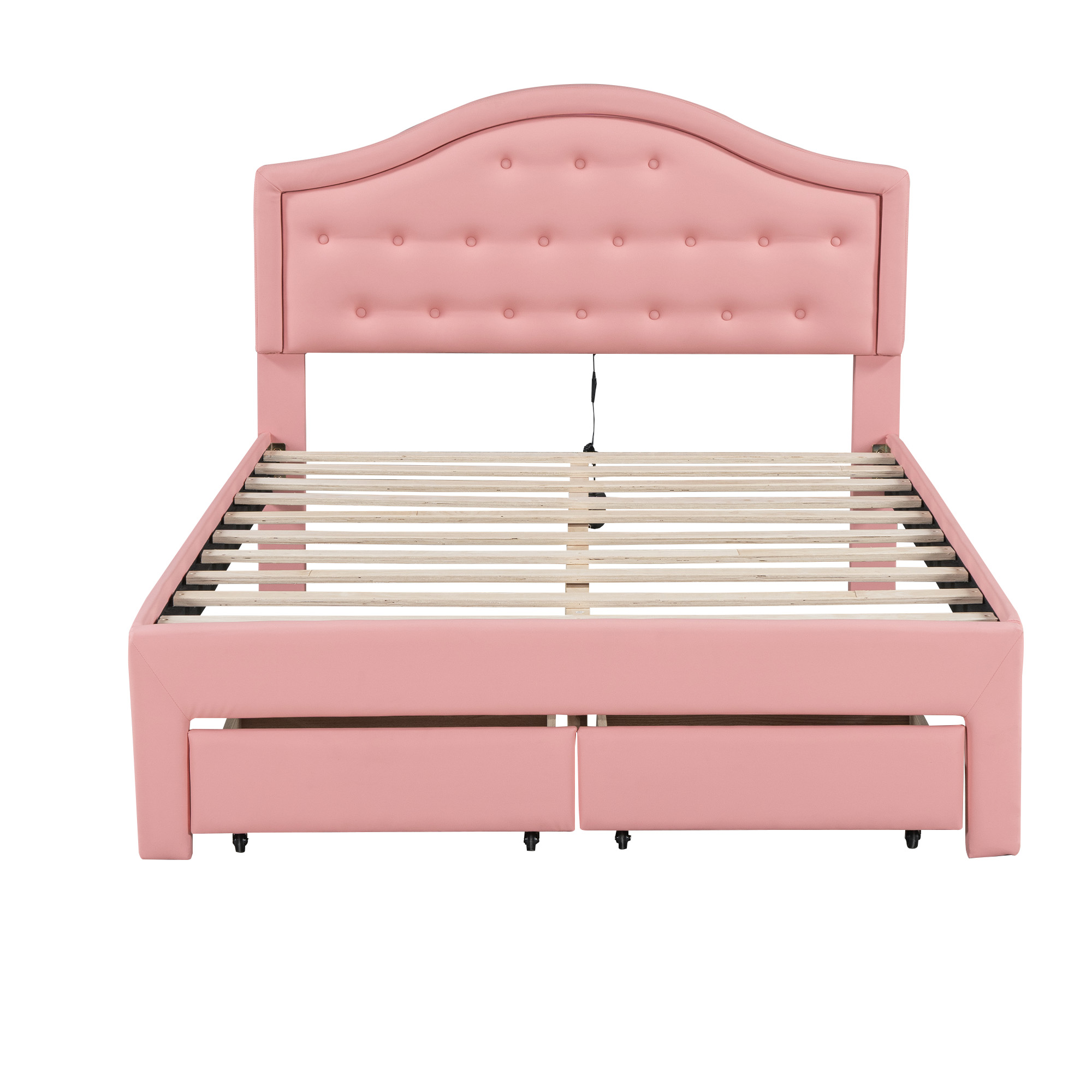 Full Size Upholstered Platform Bed with Tufted Headboard, LED and 2 Drawers, Pink