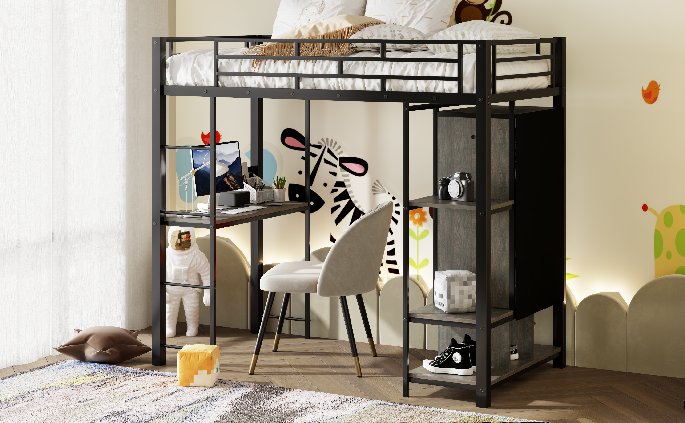 Twin Size Metal Loft Bed with Built-in Wardrobe, Desk and Shelves, Black (Expected Arrival Time: 9.3)