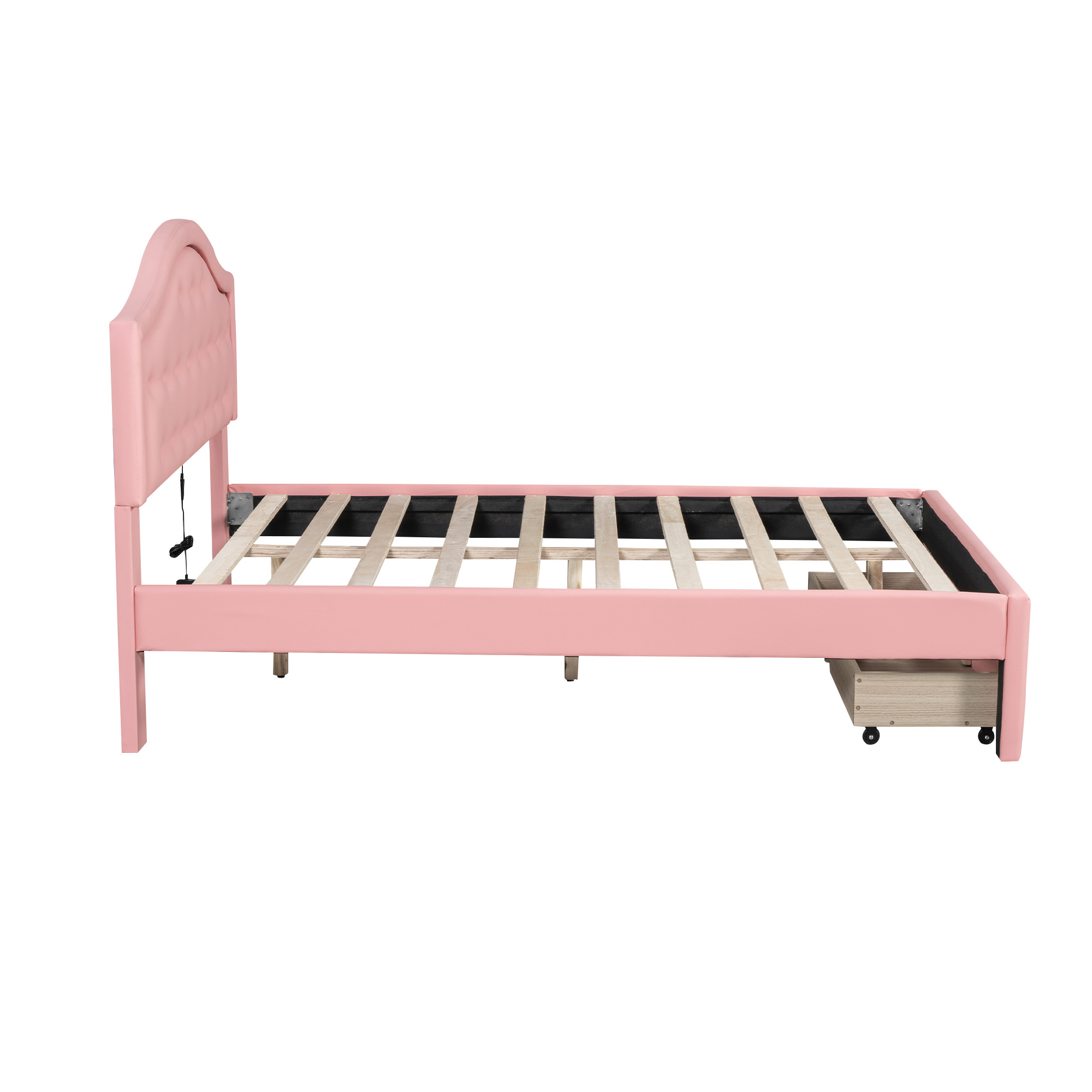 Full Size Upholstered Platform Bed with Tufted Headboard, LED and 2 Drawers, Pink