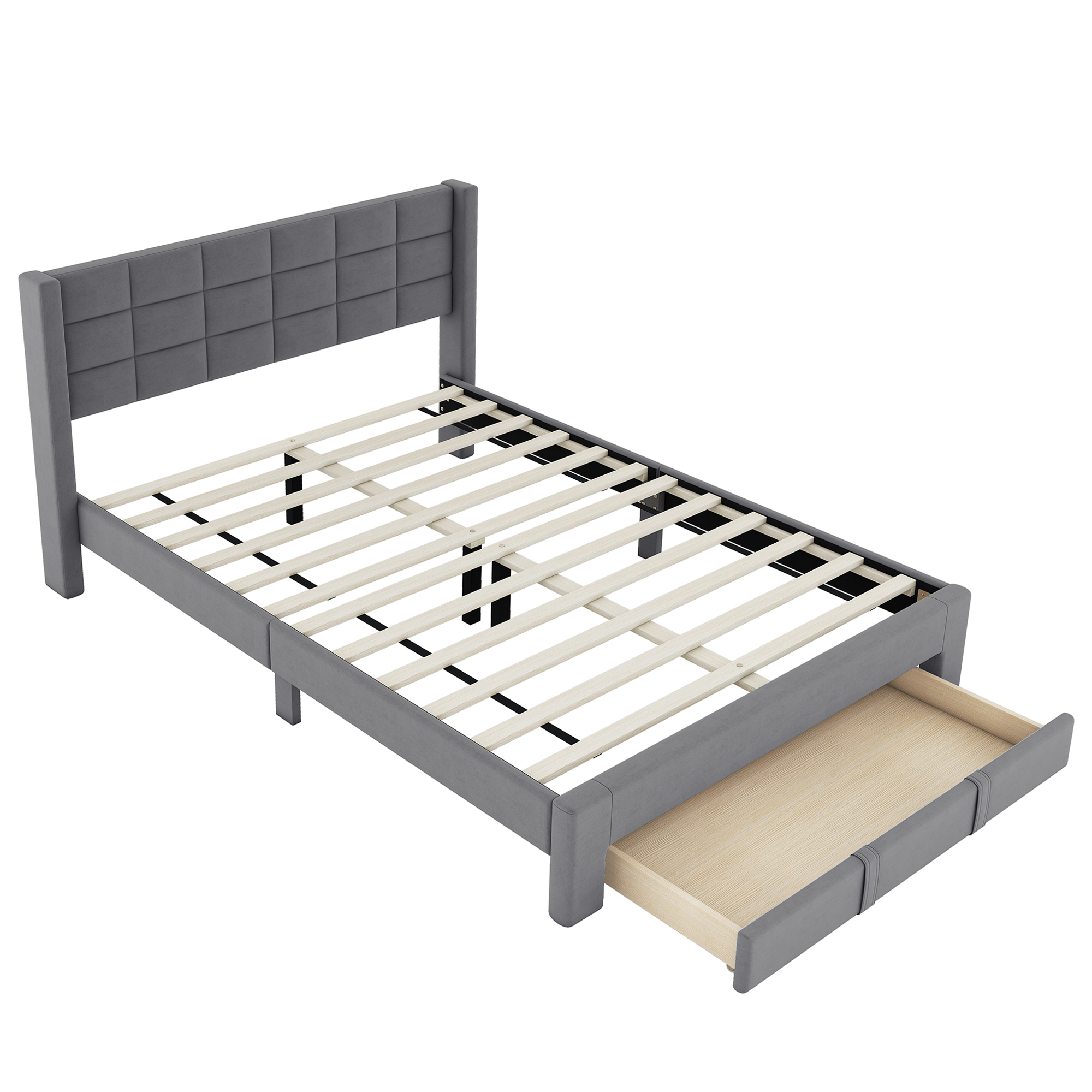 Queen Size Upholstered Platform Bed with A Big Drawer, Gray