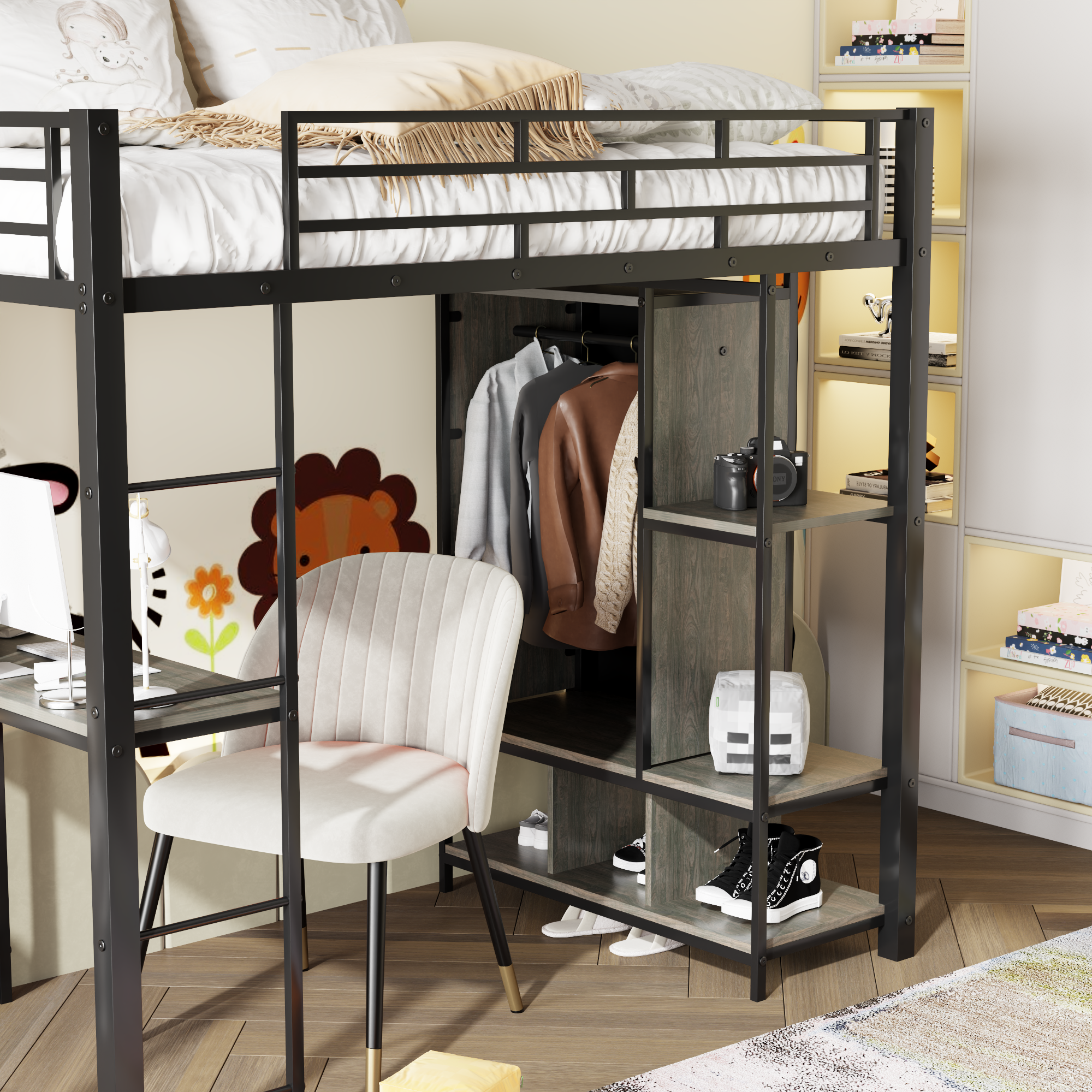 Twin Size Metal Loft Bed with Built-in Wardrobe, Desk and Shelves, Black (Expected Arrival Time: 9.3)