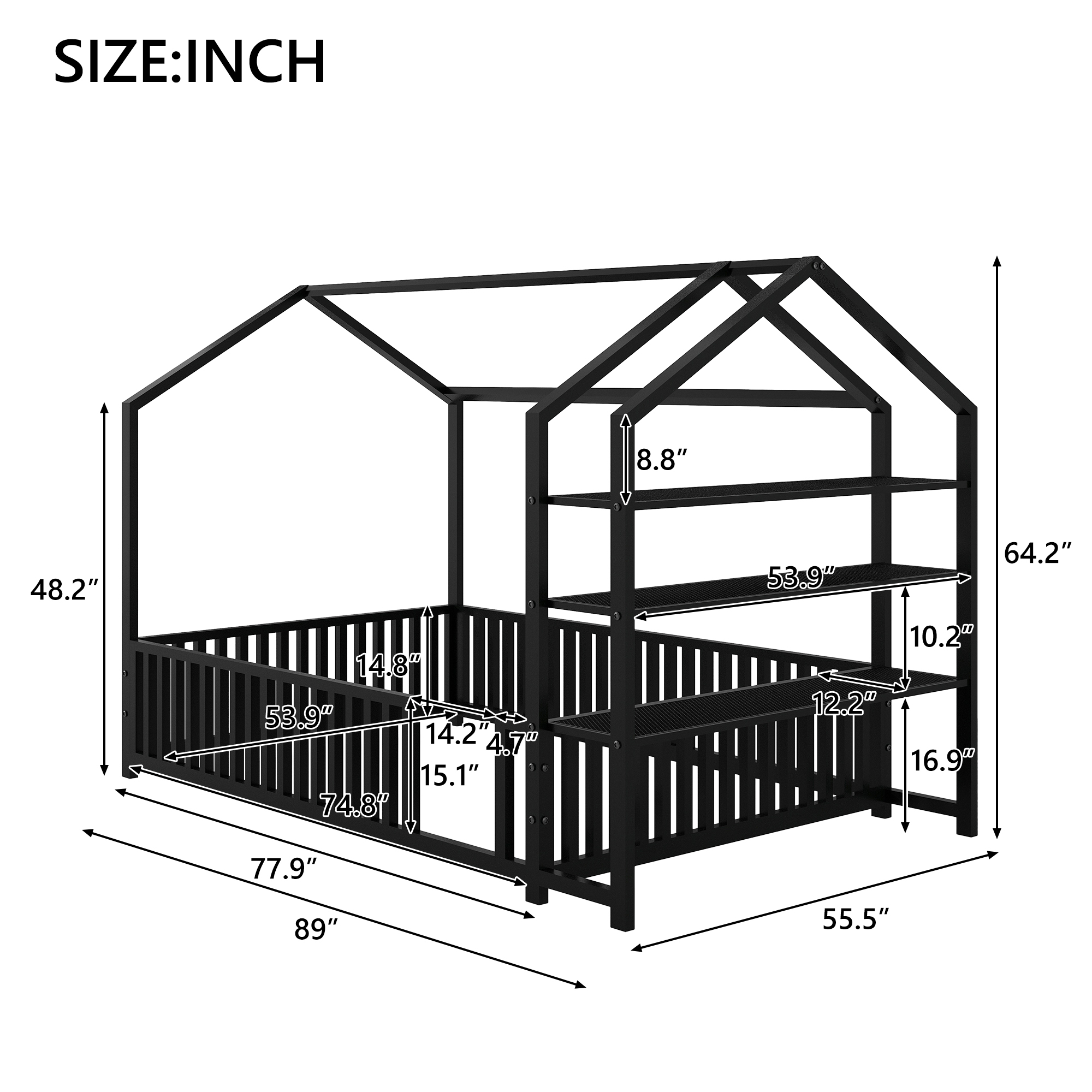 Full Size Metal House Bed with Fence and Detachable Storage Shelves, Black