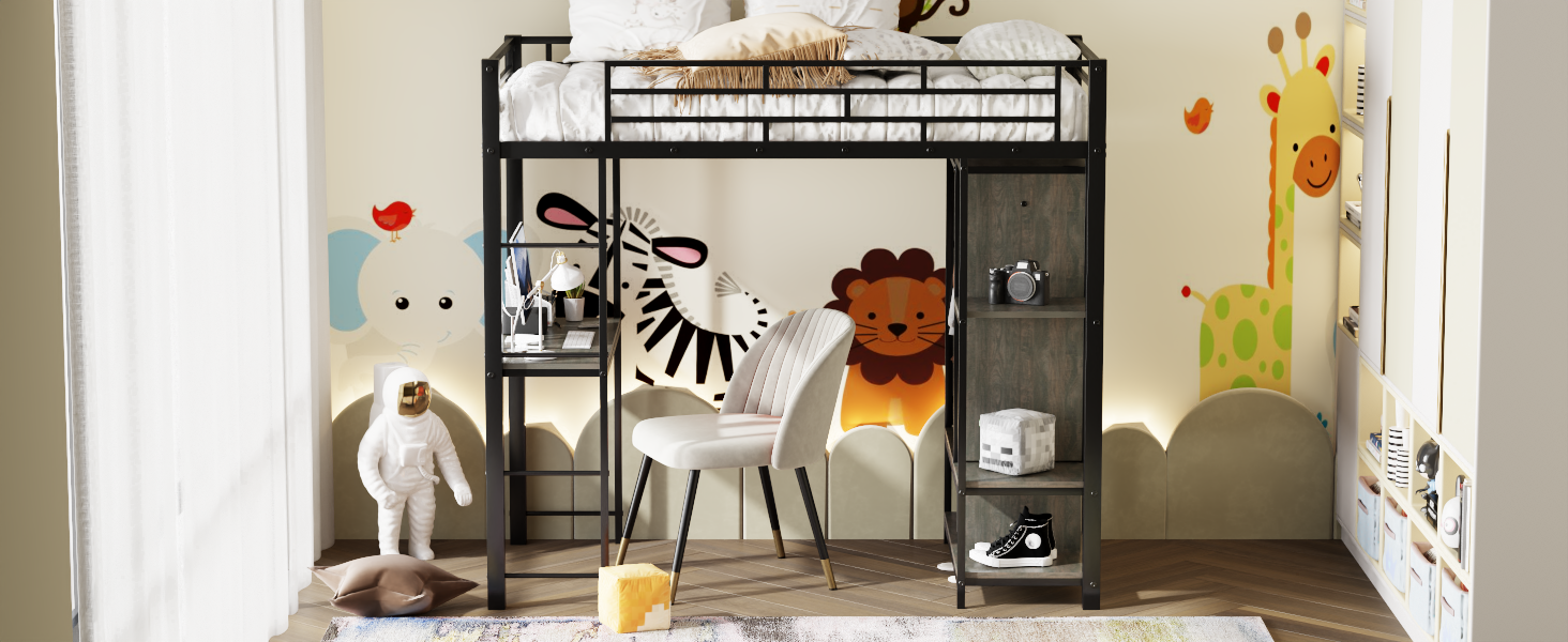 Twin Size Metal Loft Bed with Built-in Wardrobe, Desk and Shelves, Black (Expected Arrival Time: 9.3)