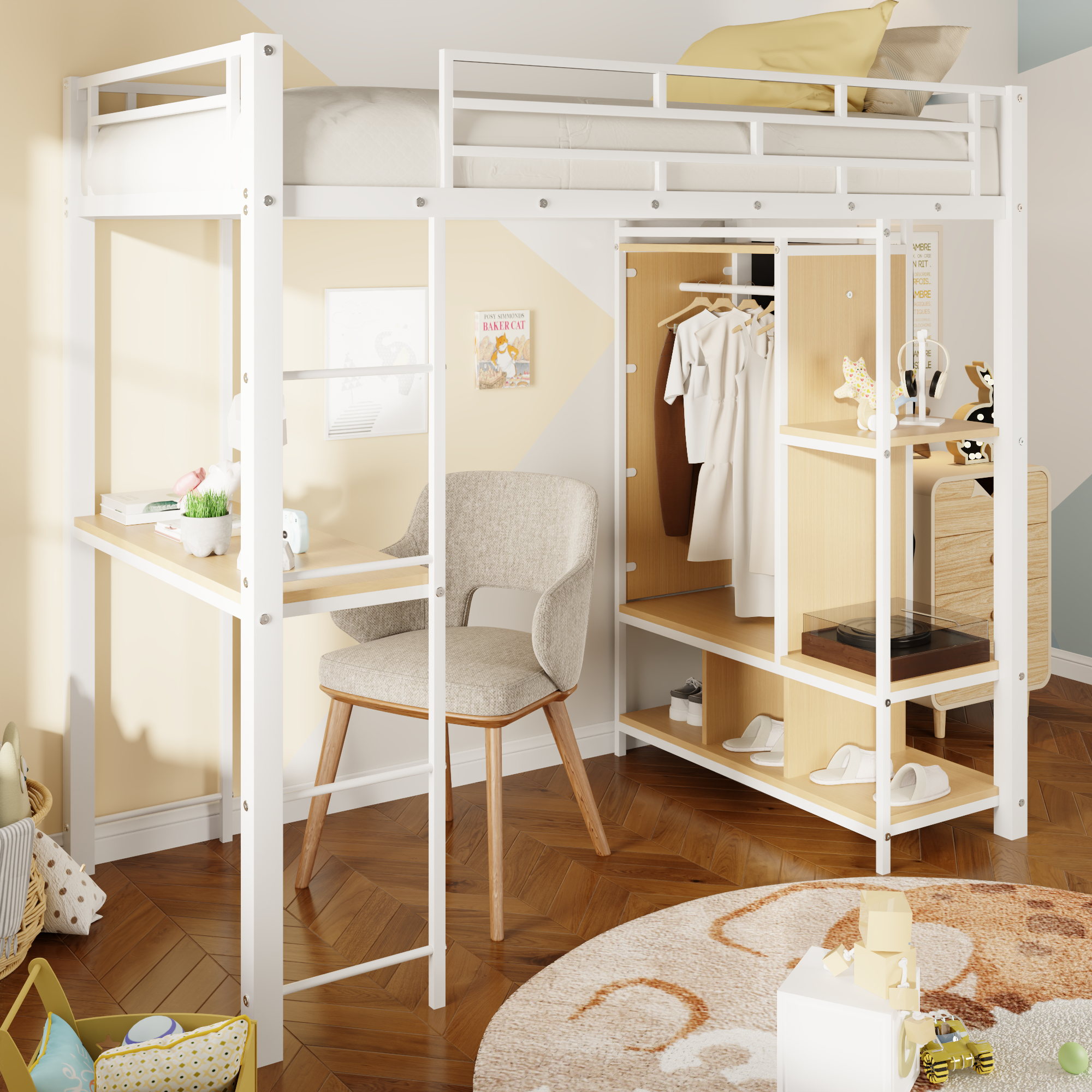 Twin Size Metal Loft Bed with Built-in Wardrobe, Desk and Shelves, Black (Expected Arrival Time: 9.3)