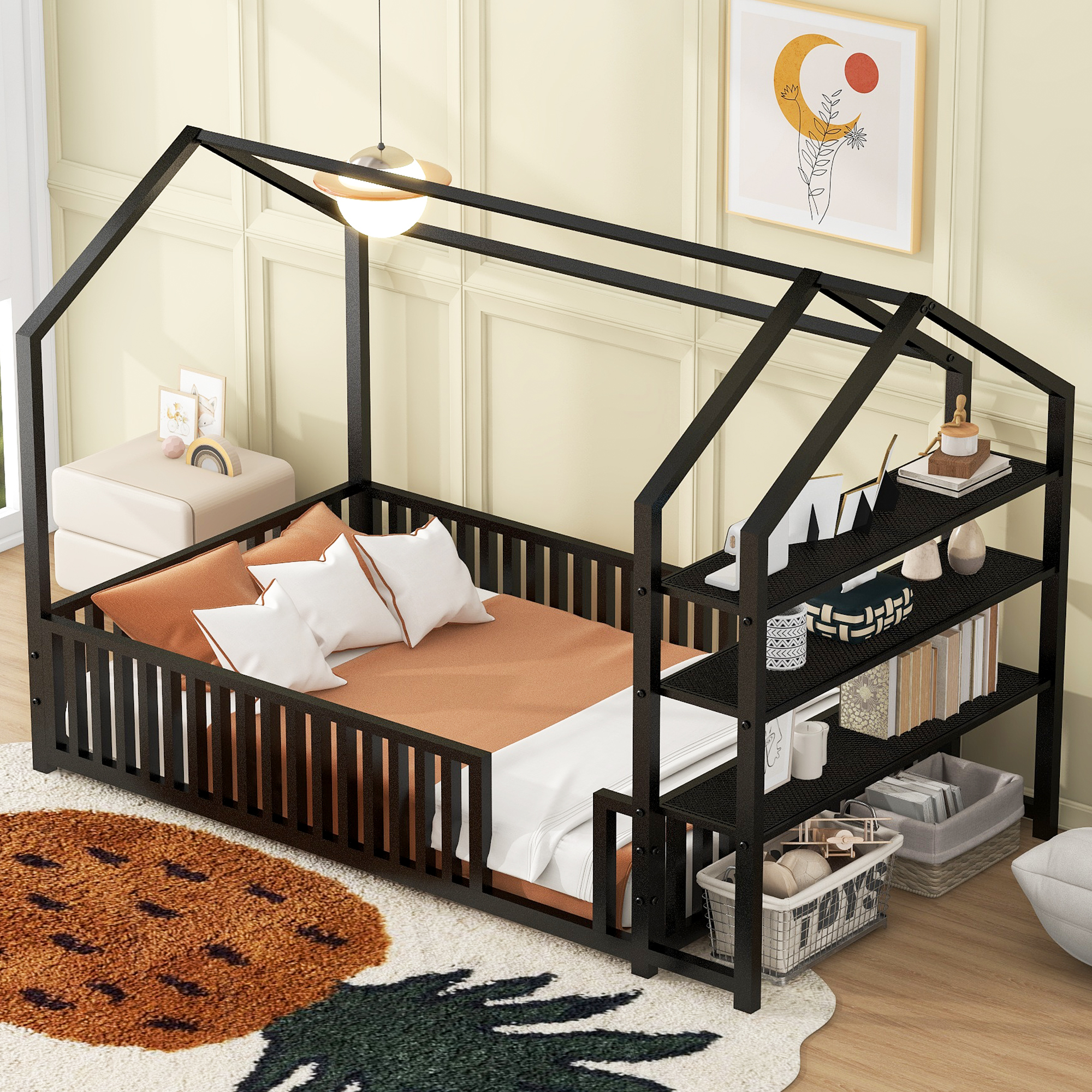 Twin Size Metal House Bed with Fence and Detachable Storage Shelves, Black