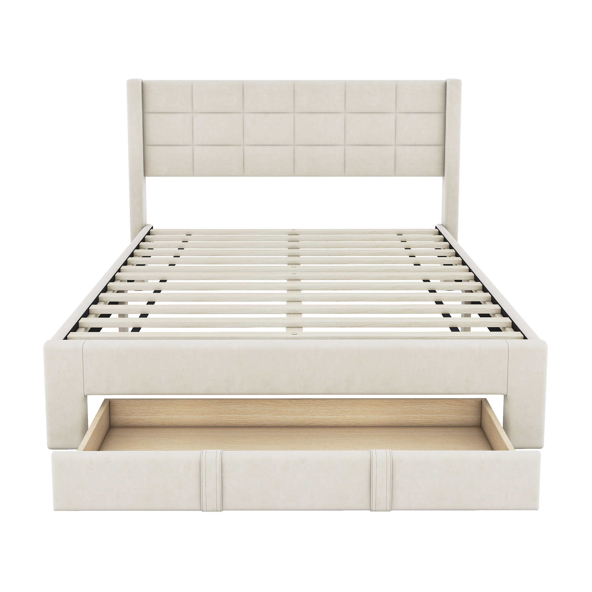 Queen Size Upholstered Platform Bed with A Big Drawer, Beige