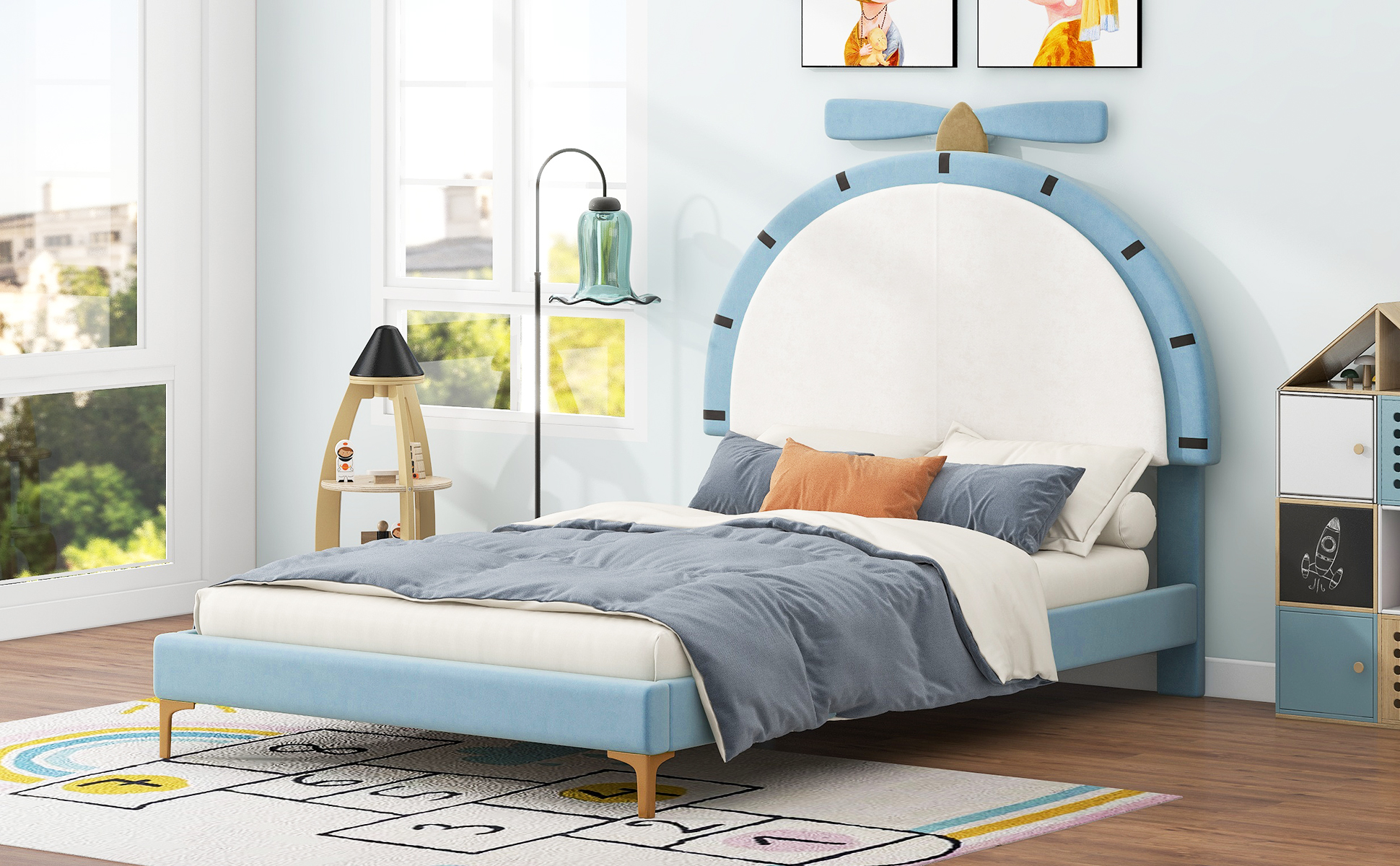 Twin Size Upholstered Platform Bed with Alarm Clock Shaped Headboard, Blue