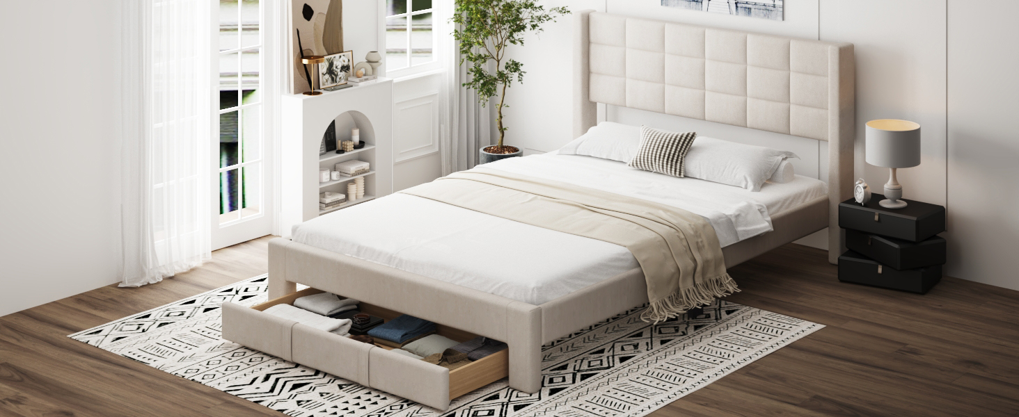 Queen Size Upholstered Platform Bed with A Big Drawer, Beige