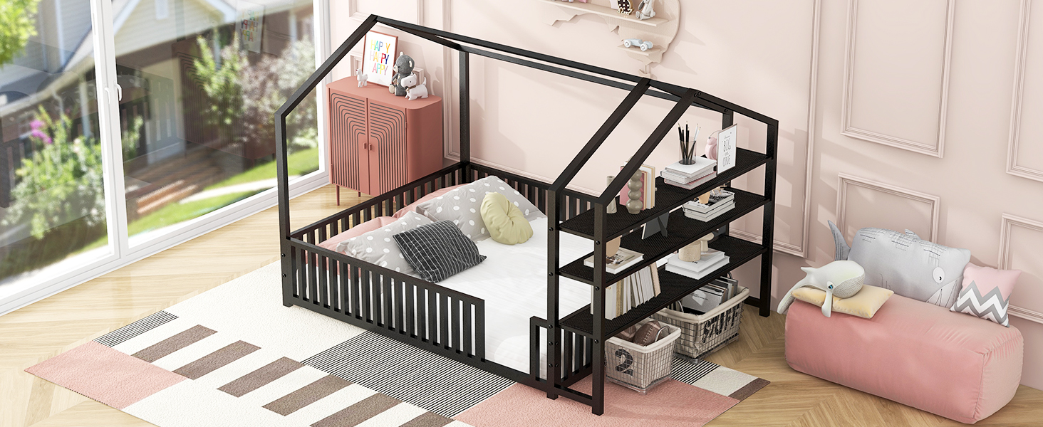 Full Size Metal House Bed with Fence and Detachable Storage Shelves, Black