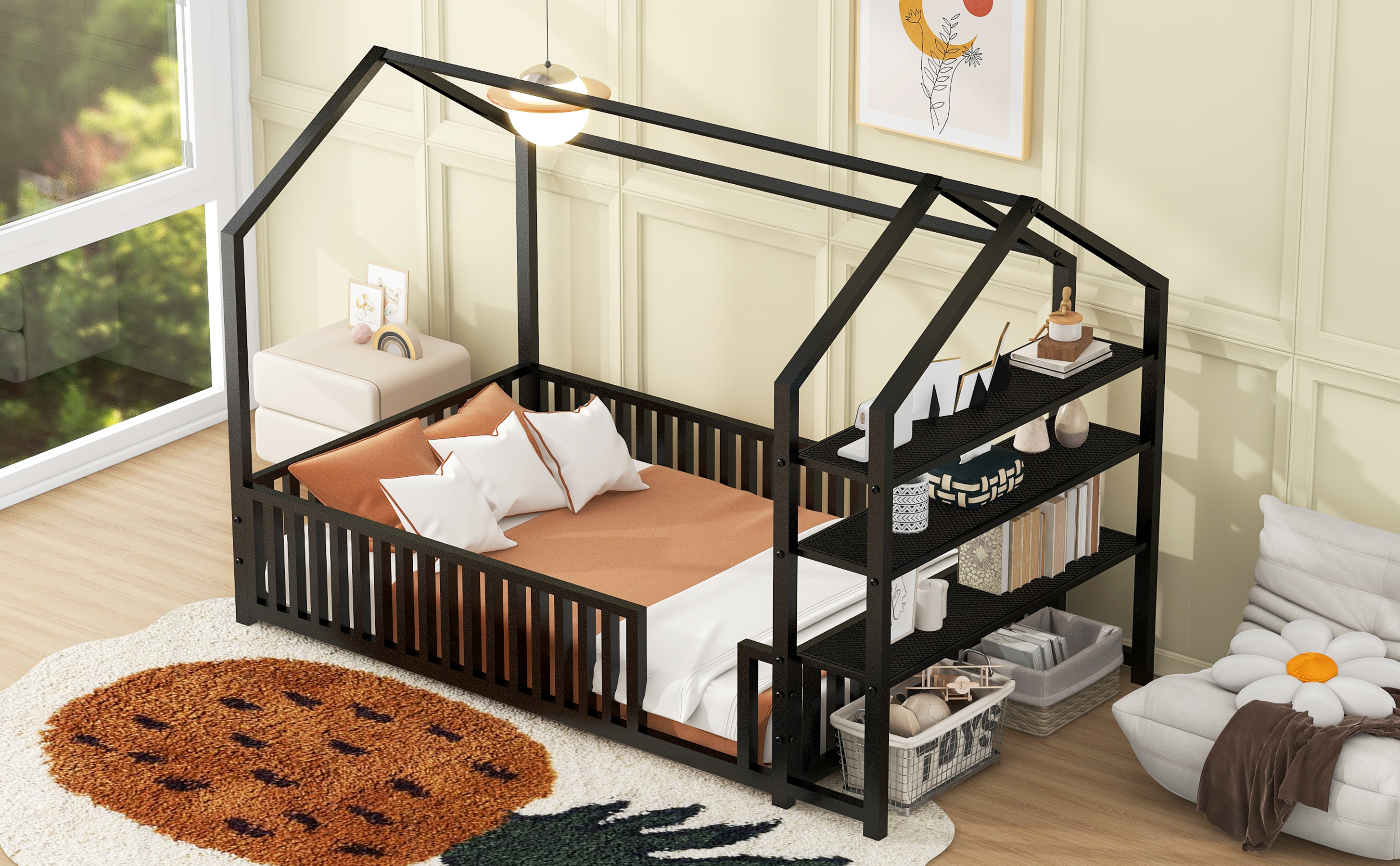 Twin Size Metal House Bed with Fence and Detachable Storage Shelves, Black