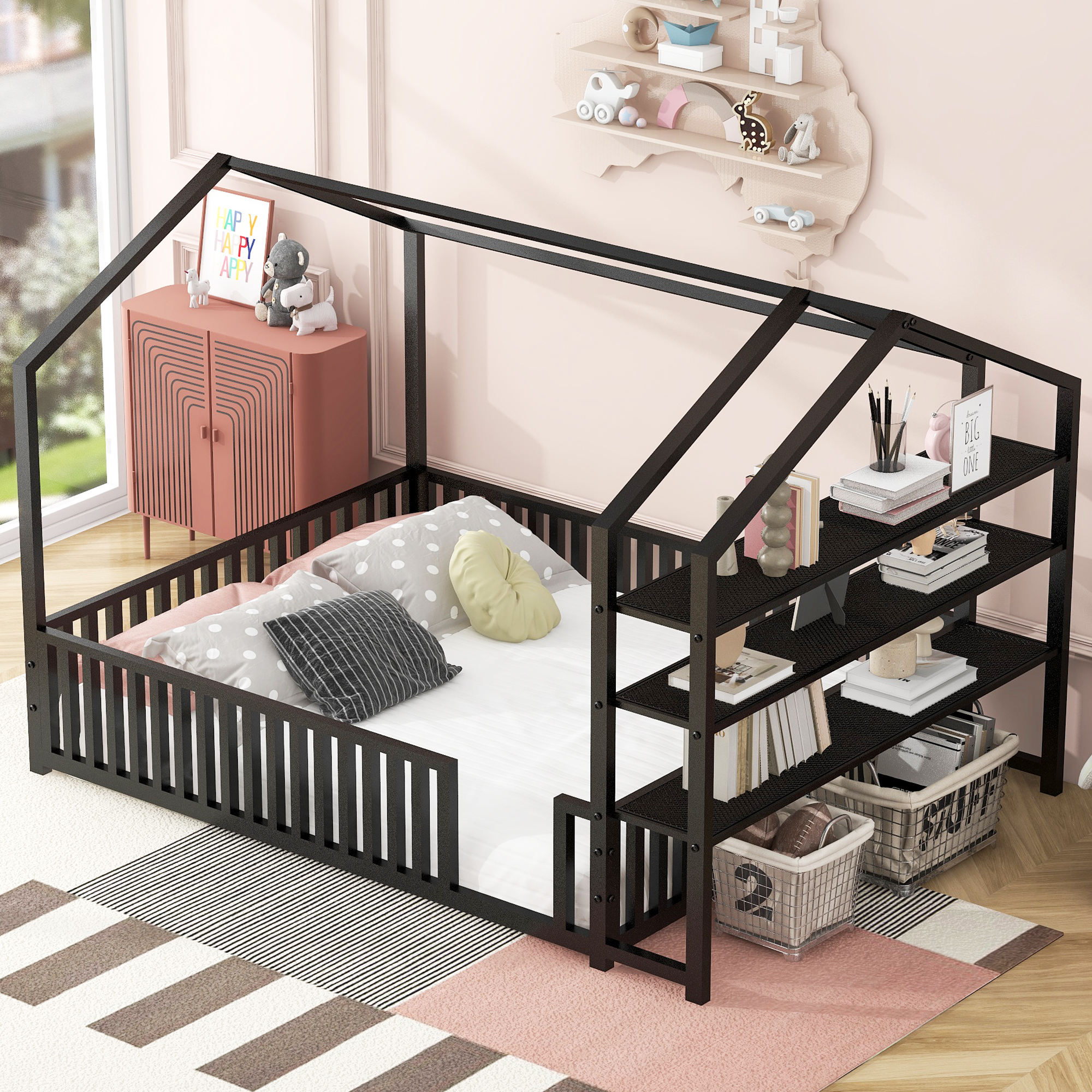 Full Size Metal House Bed with Fence and Detachable Storage Shelves, Black