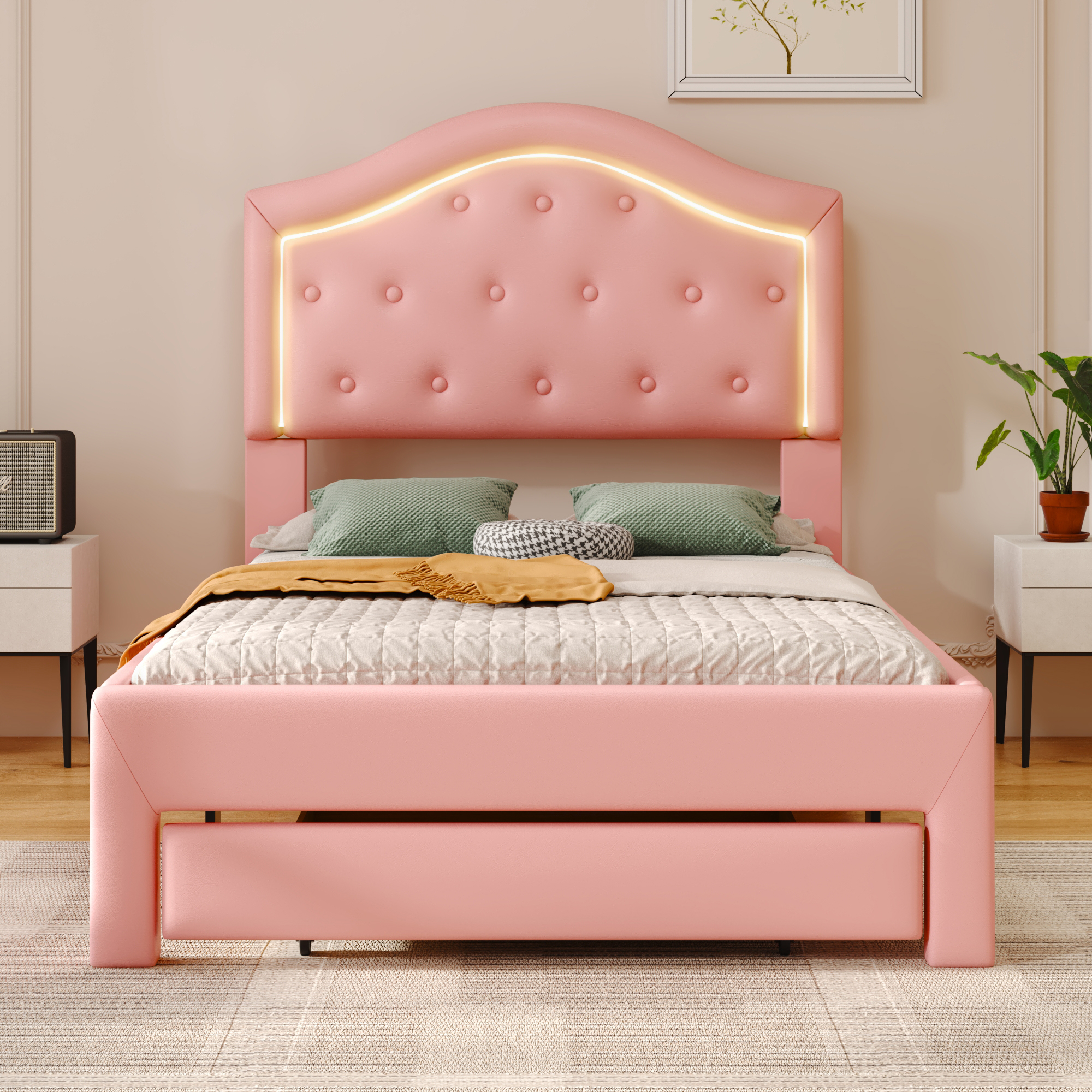 Twin Size Upholstered Platform Bed with Tufted Headboard, LED and a Drawer, Pink