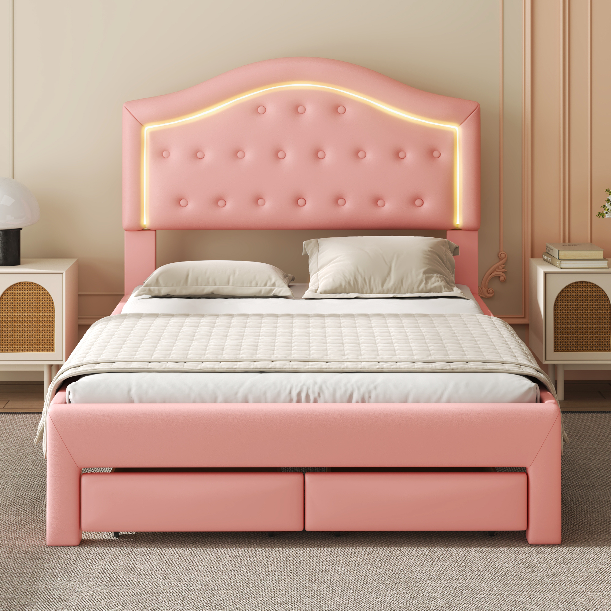 Full Size Upholstered Platform Bed with Tufted Headboard, LED and 2 Drawers, Pink