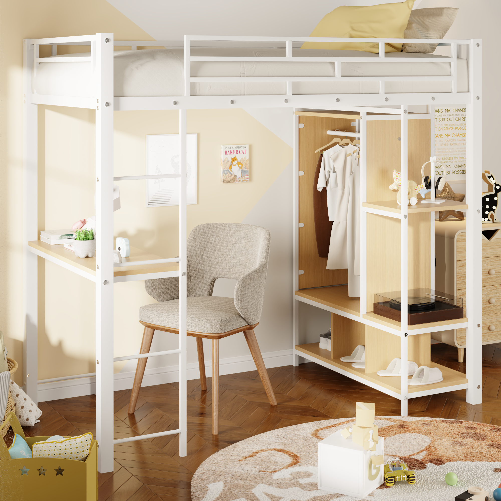 Twin Size Metal Loft Bed with Built-in Wardrobe, Desk and Shelves, Black (Expected Arrival Time: 9.3)