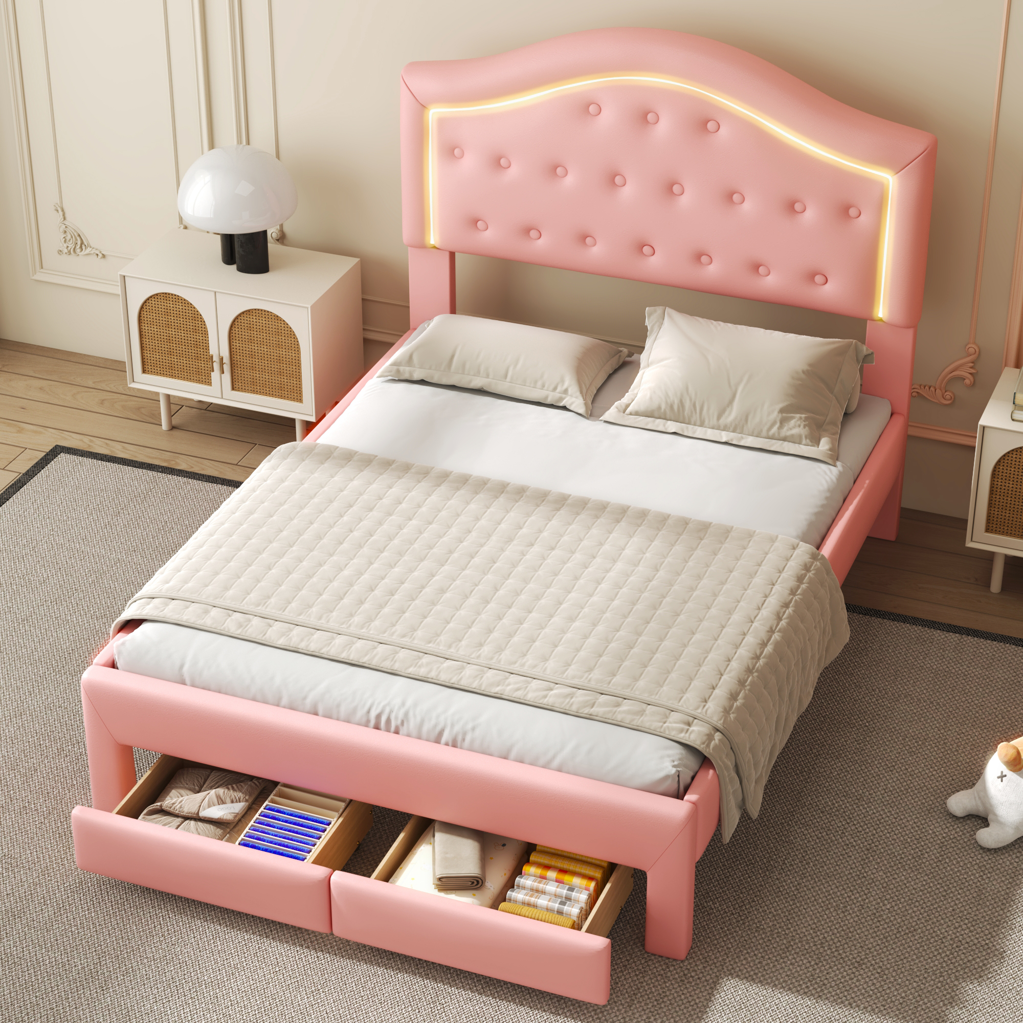 Full Size Upholstered Platform Bed with Tufted Headboard, LED and 2 Drawers, Pink