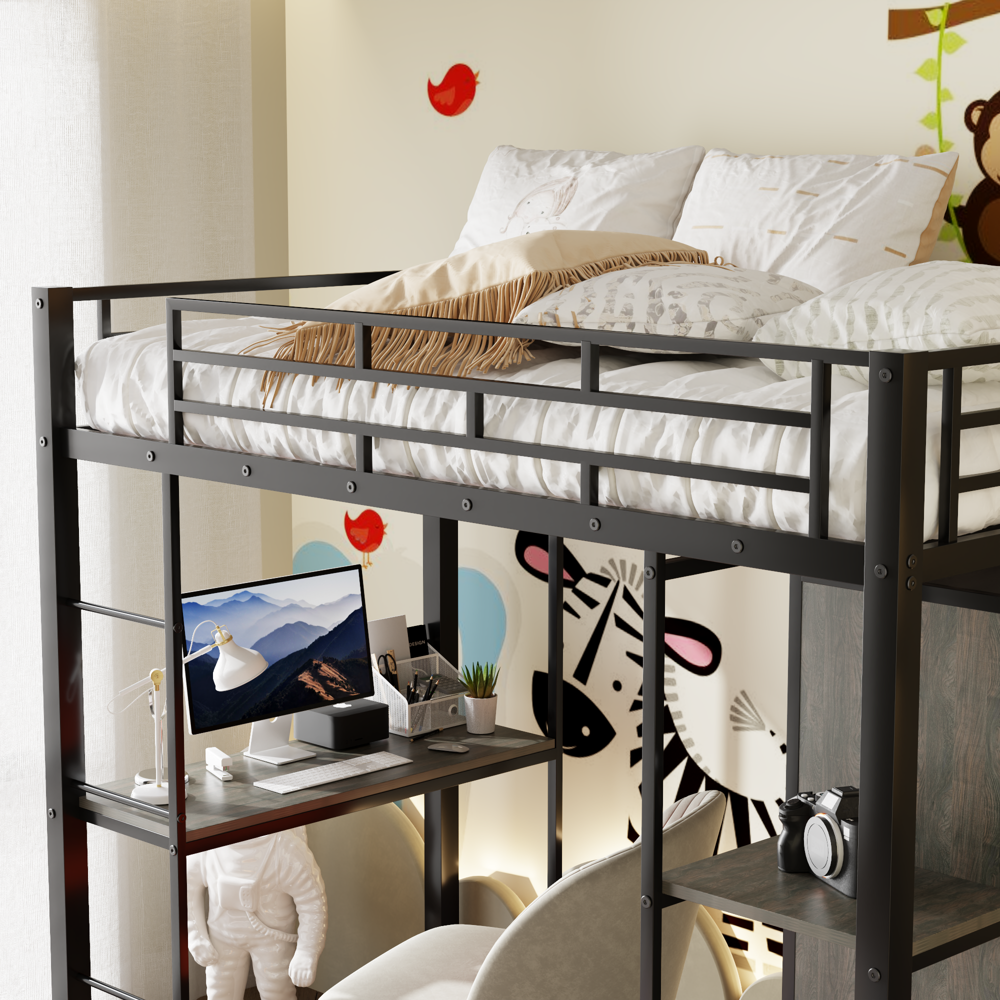 Twin Size Metal Loft Bed with Built-in Wardrobe, Desk and Shelves, Black (Expected Arrival Time: 9.3)