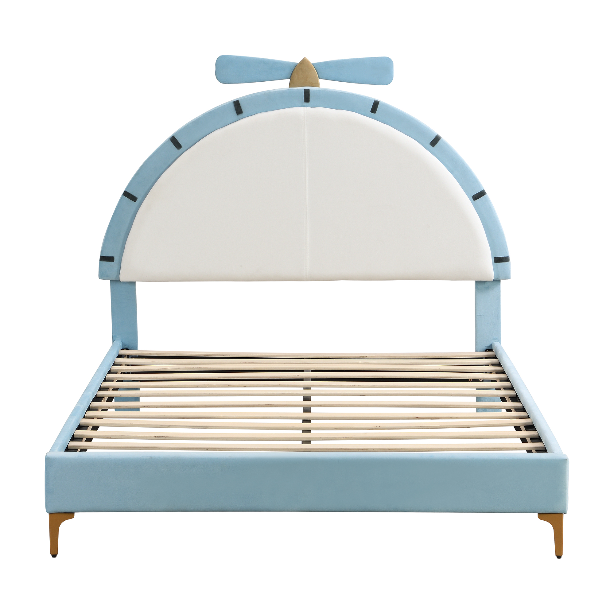 Full Size Upholstered Platform Bed with Alarm Clock Shaped Headboard, Blue