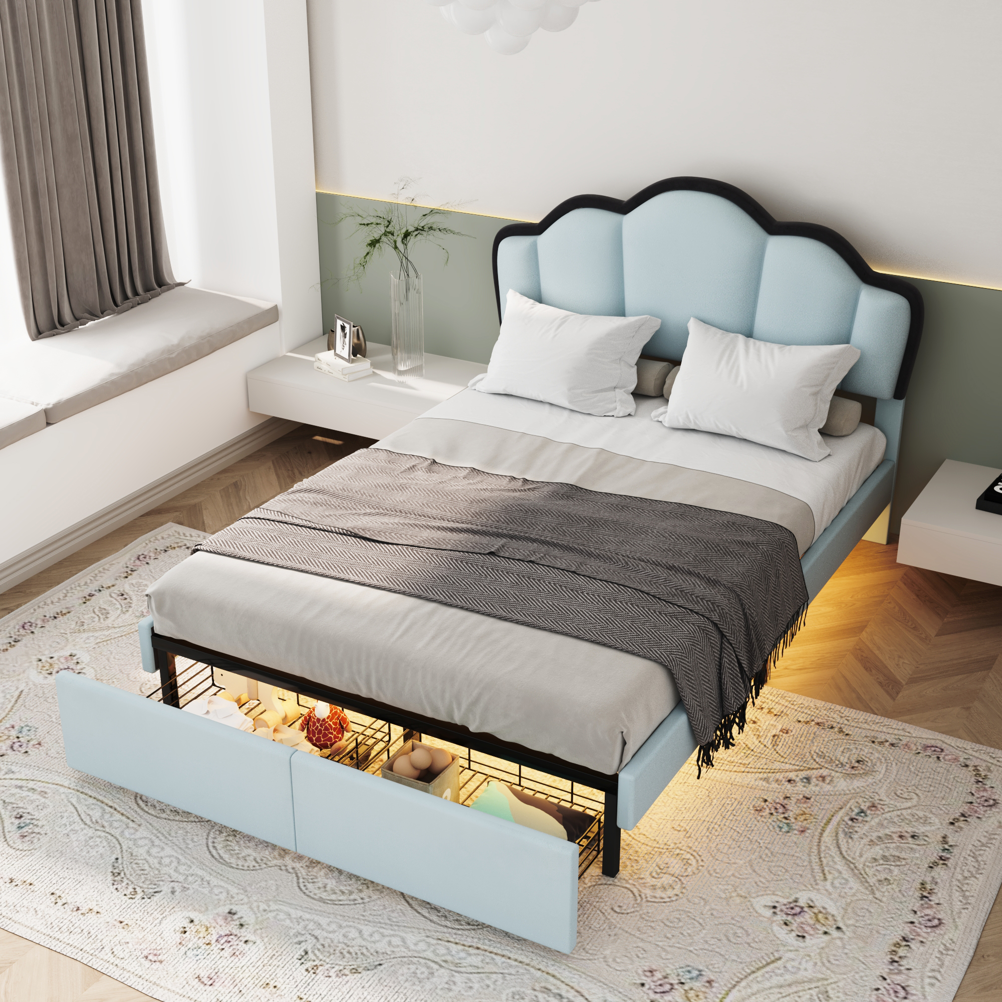 Full Size Upholstered Princess Platform Bed with LED and 2 Storage Drawers, Blue