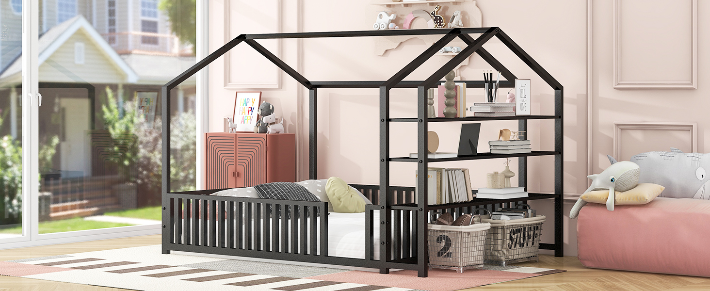 Full Size Metal House Bed with Fence and Detachable Storage Shelves, Black