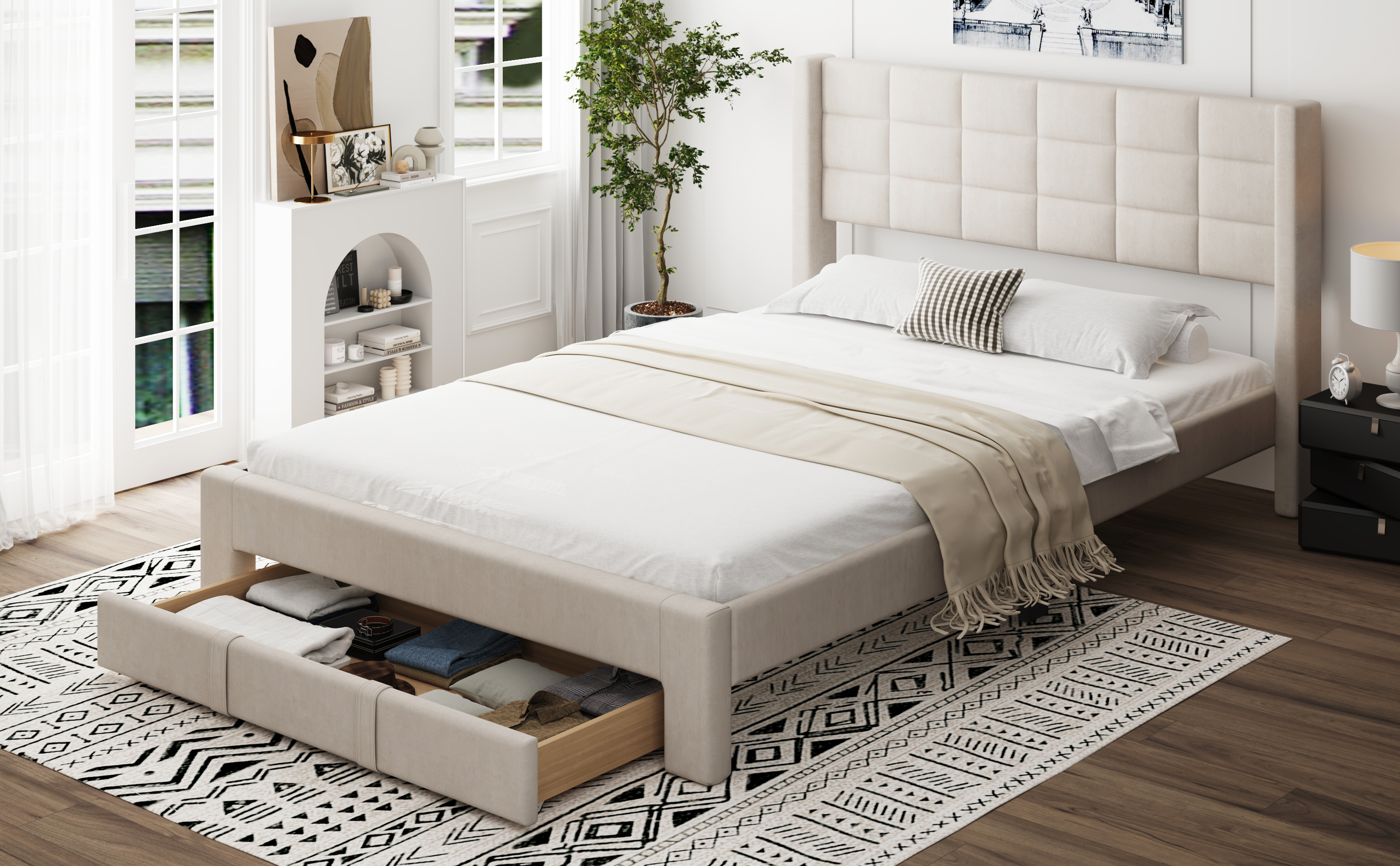 Queen Size Upholstered Platform Bed with A Big Drawer, Beige