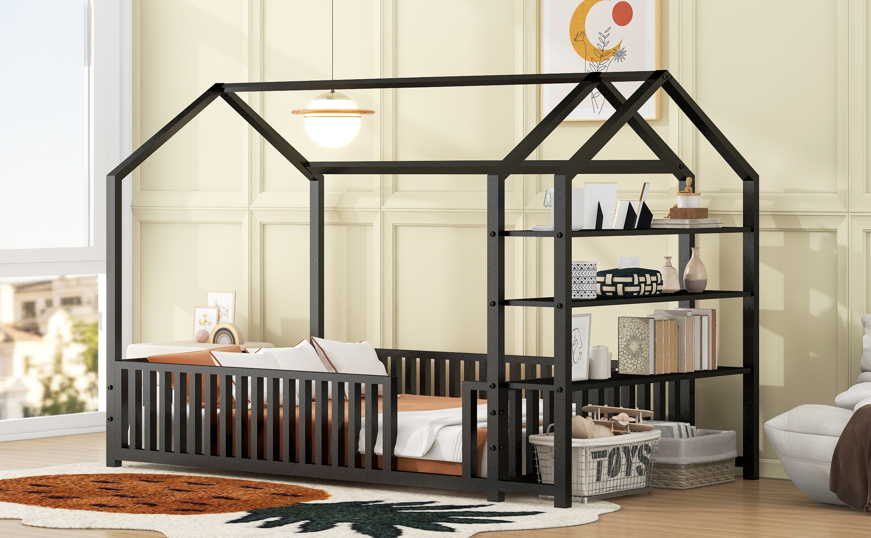 Twin Size Metal House Bed with Fence and Detachable Storage Shelves, Black