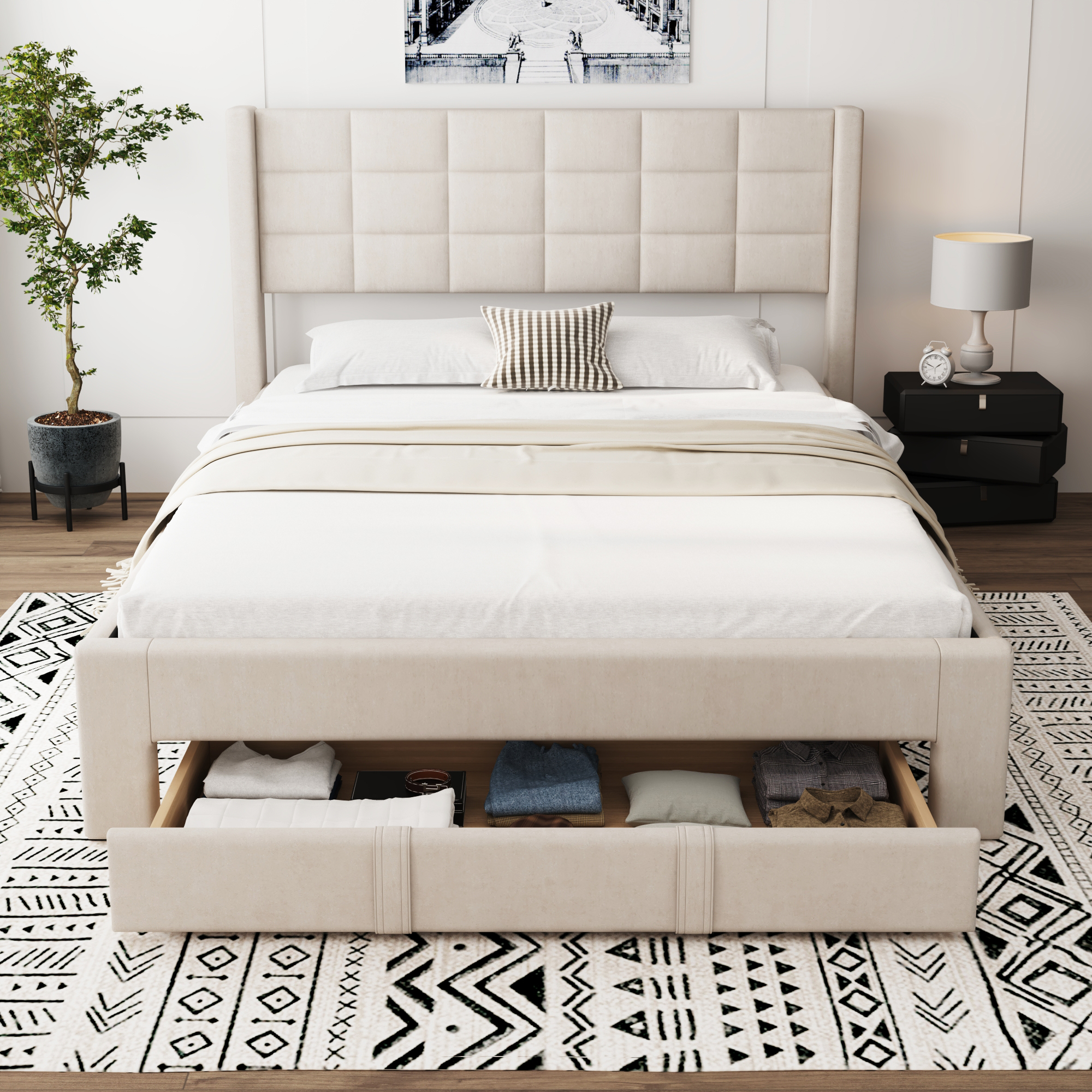 Queen Size Upholstered Platform Bed with A Big Drawer, Beige