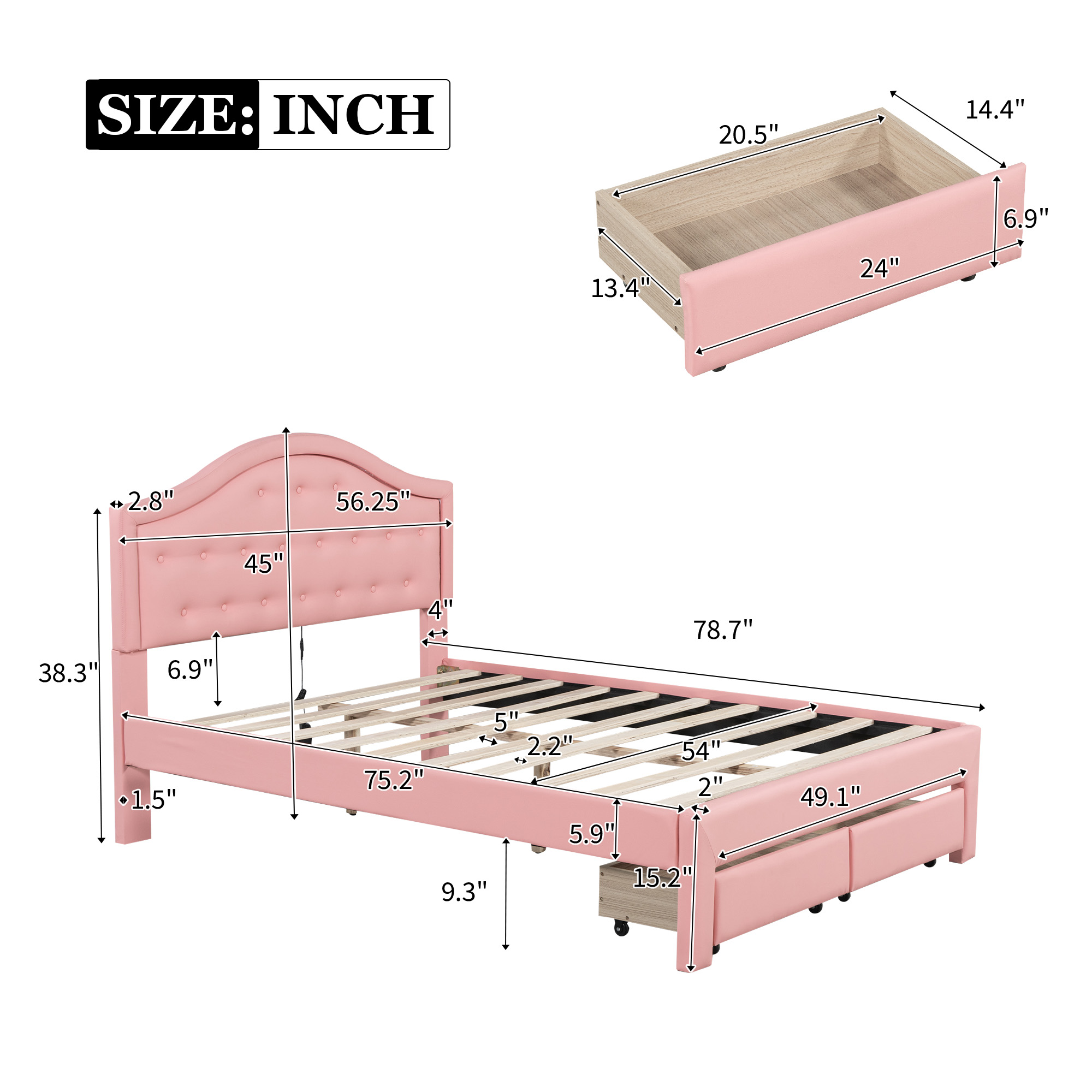 Full Size Upholstered Platform Bed with Tufted Headboard, LED and 2 Drawers, Pink