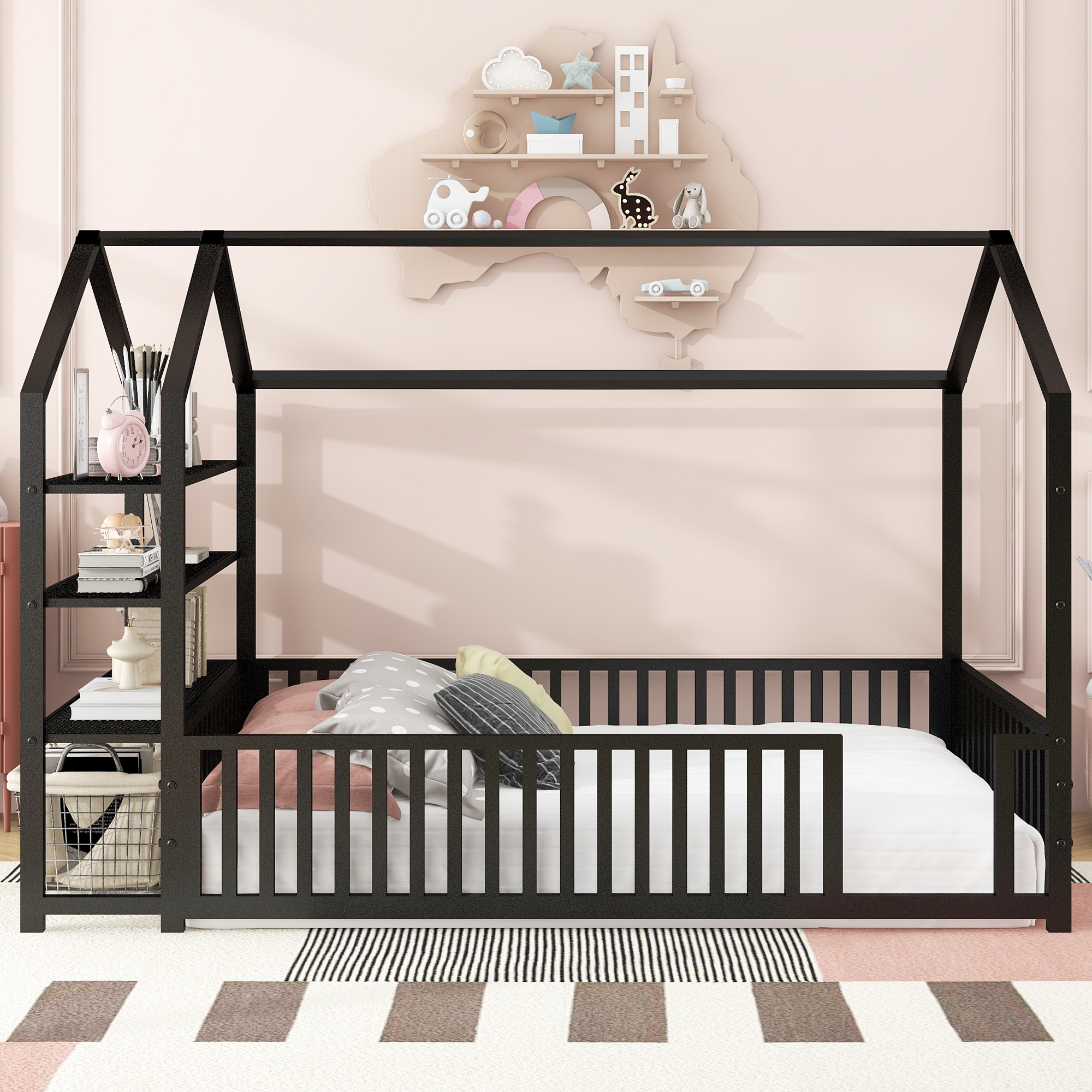 Full Size Metal House Bed with Fence and Detachable Storage Shelves, Black