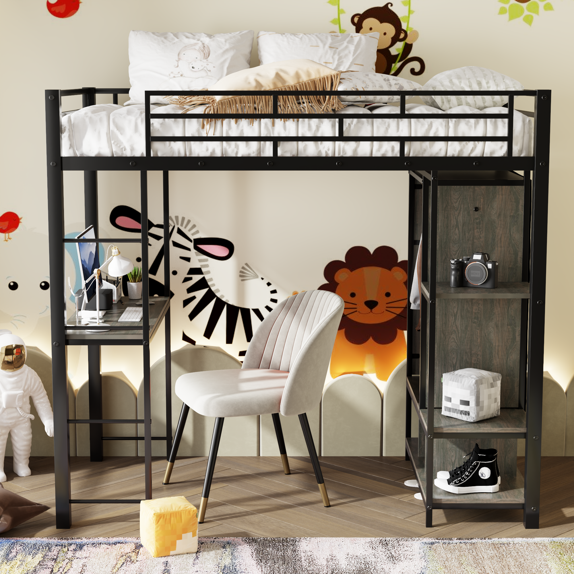 Twin Size Metal Loft Bed with Built-in Wardrobe, Desk and Shelves, Black (Expected Arrival Time: 9.3)