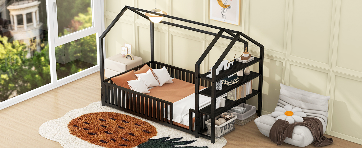 Twin Size Metal House Bed with Fence and Detachable Storage Shelves, Black