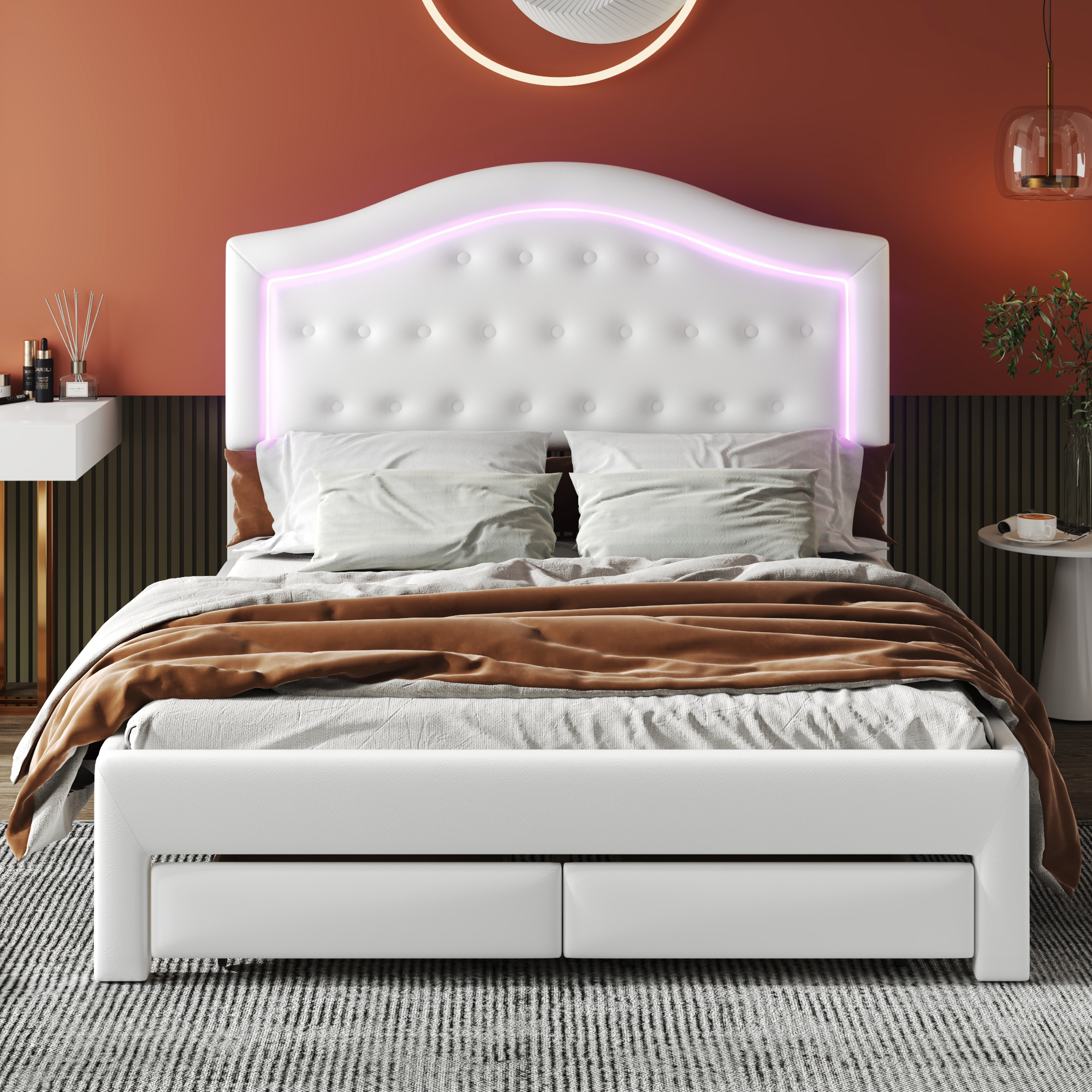 Queen Size Upholstered Platform Bed with Tufted Headboard, LED and 2 Drawers, White