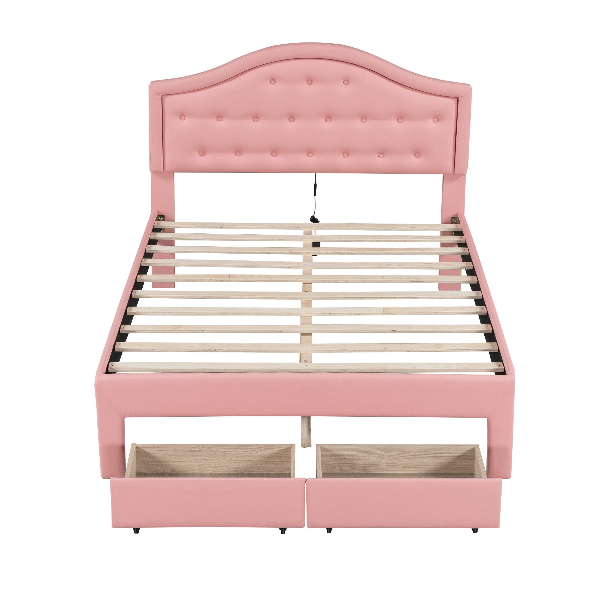 Full Size Upholstered Platform Bed with Tufted Headboard, LED and 2 Drawers, Pink