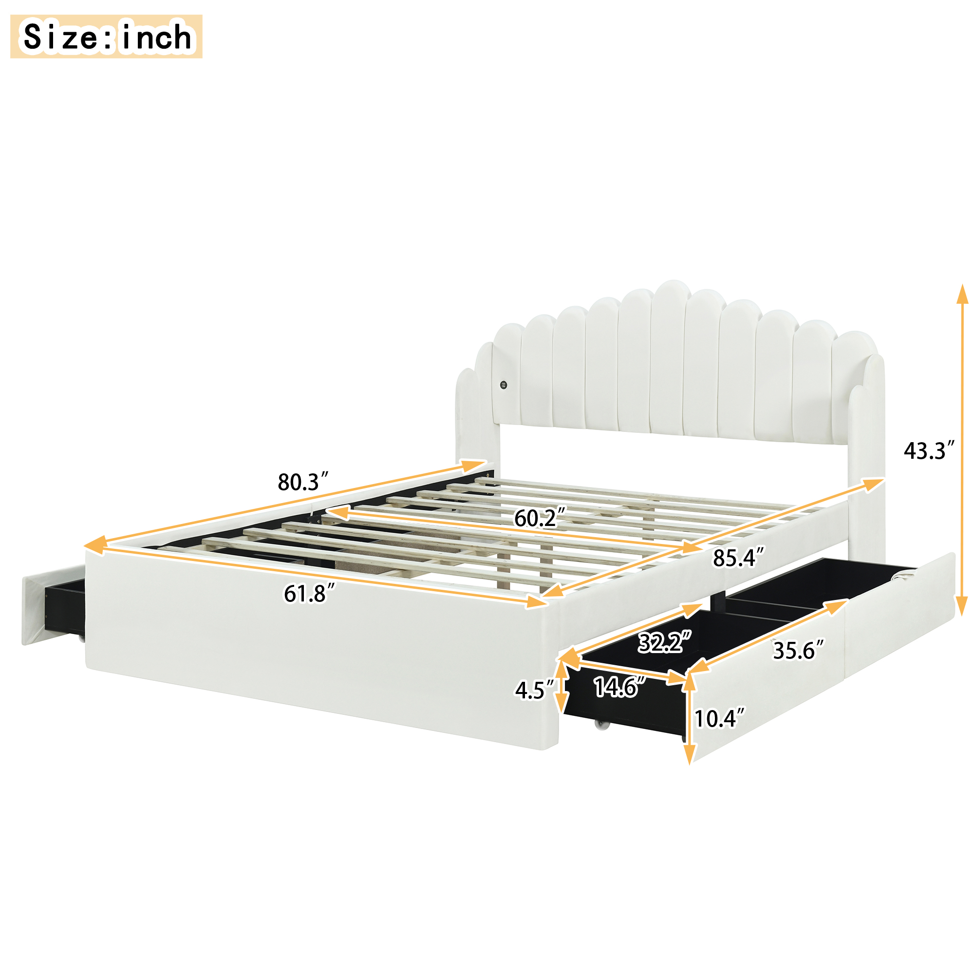 Queen Size Upholstered Platform Bed with 4 Drawers and 2 USB, Beige