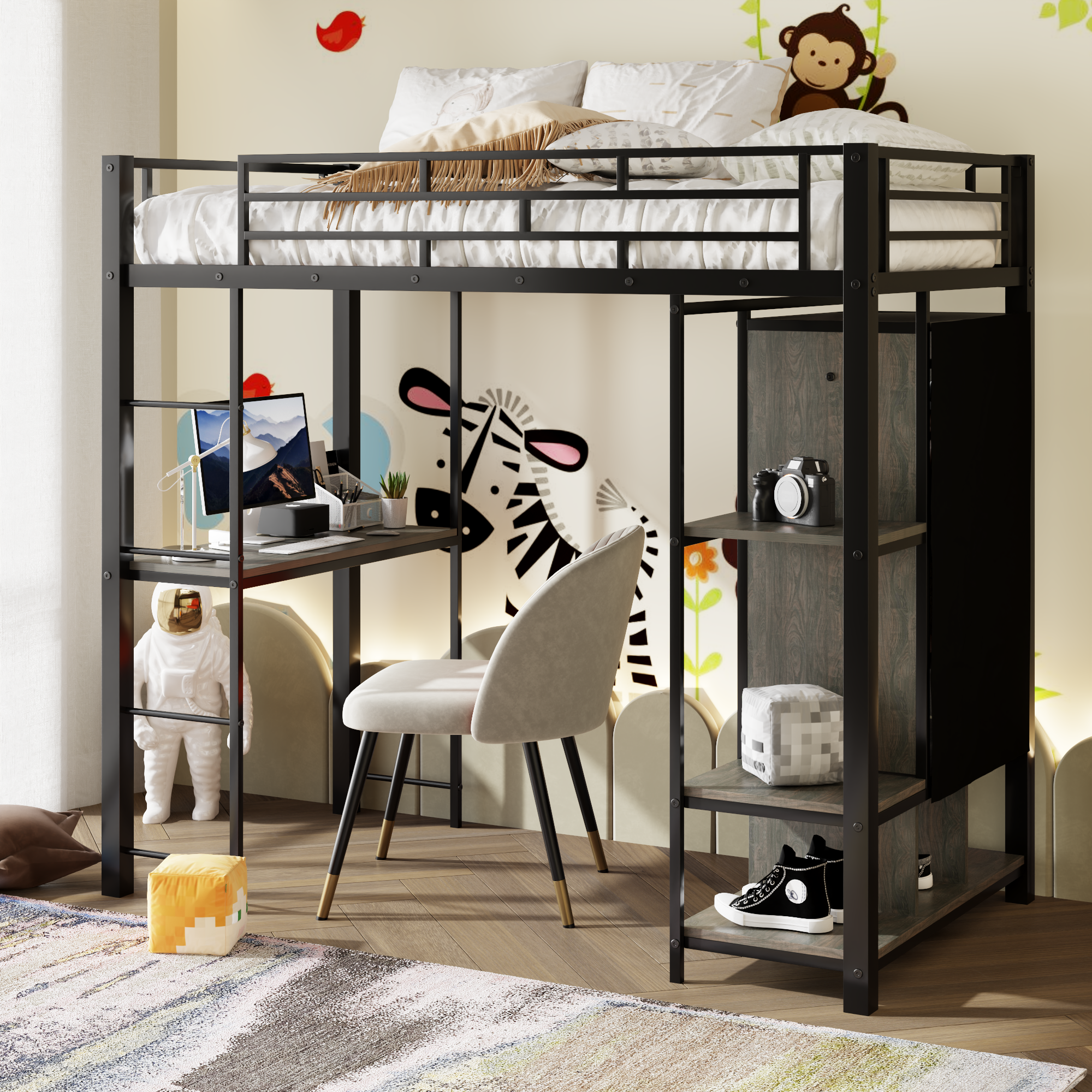 Twin Size Metal Loft Bed with Built-in Wardrobe, Desk and Shelves, Black (Expected Arrival Time: 9.3)