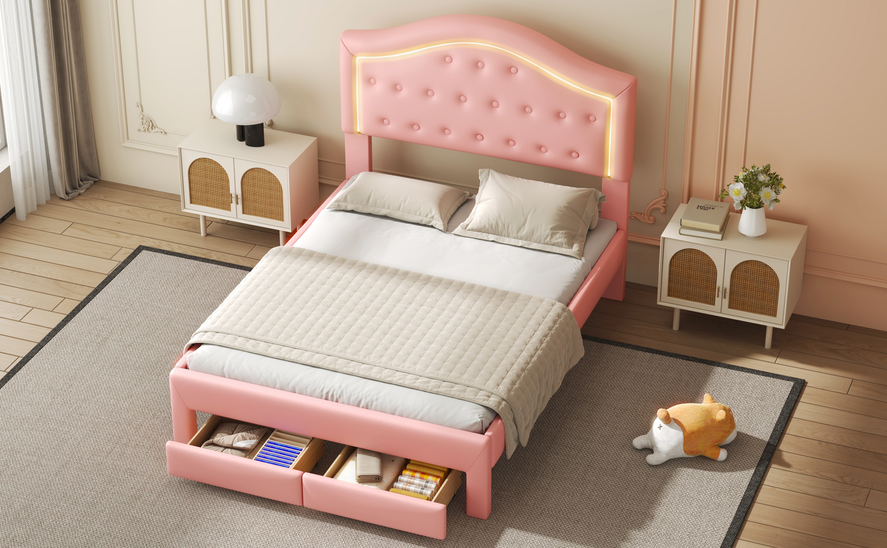 Full Size Upholstered Platform Bed with Tufted Headboard, LED and 2 Drawers, Pink