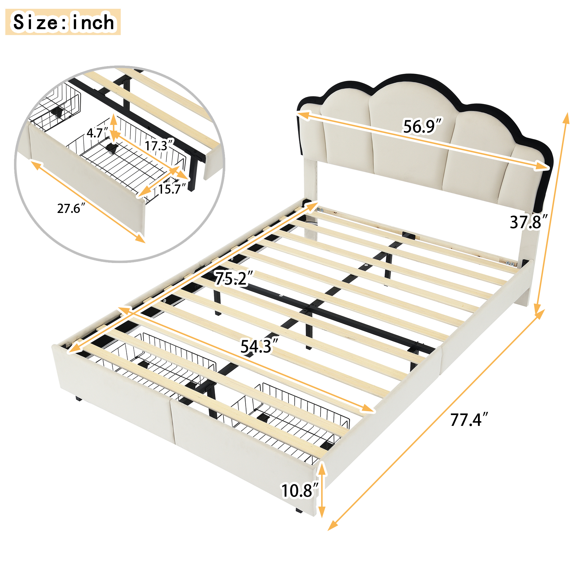 Full Size Upholstered Princess Platform Bed with LED and 2 Storage Drawers, Beige