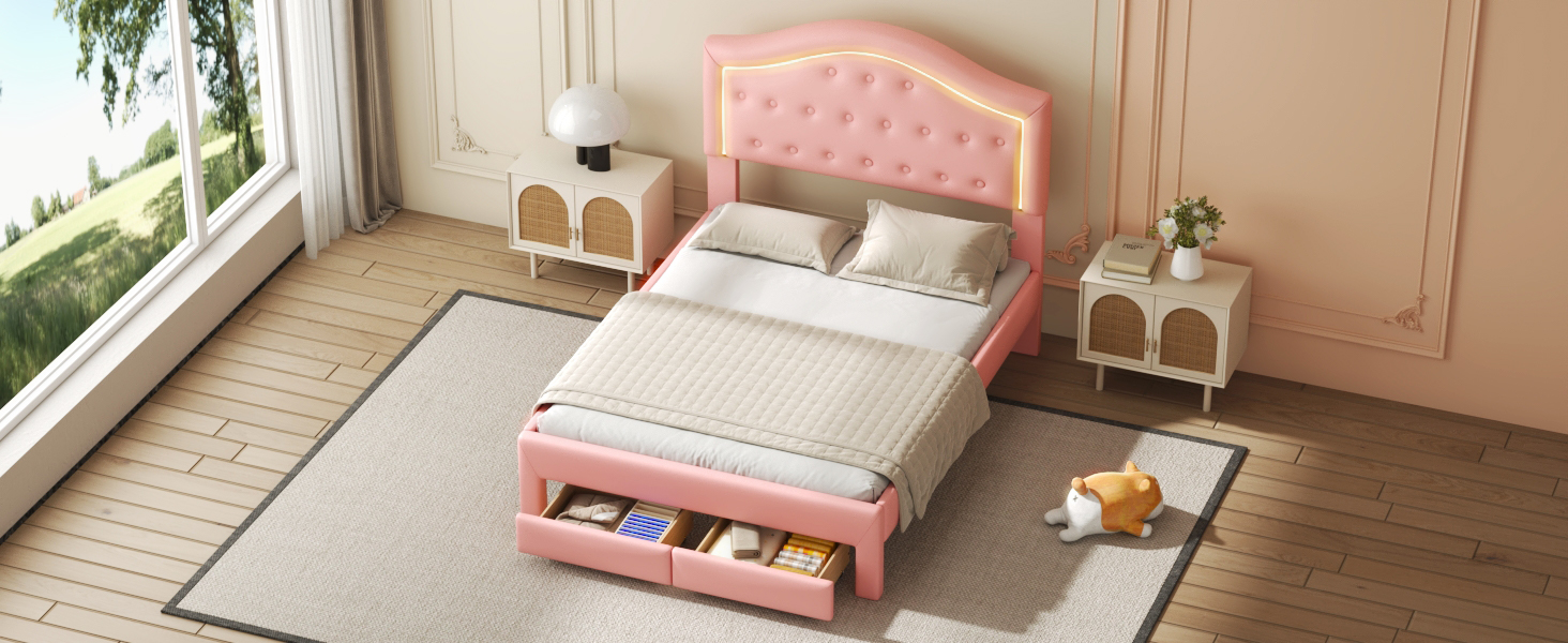 Full Size Upholstered Platform Bed with Tufted Headboard, LED and 2 Drawers, Pink